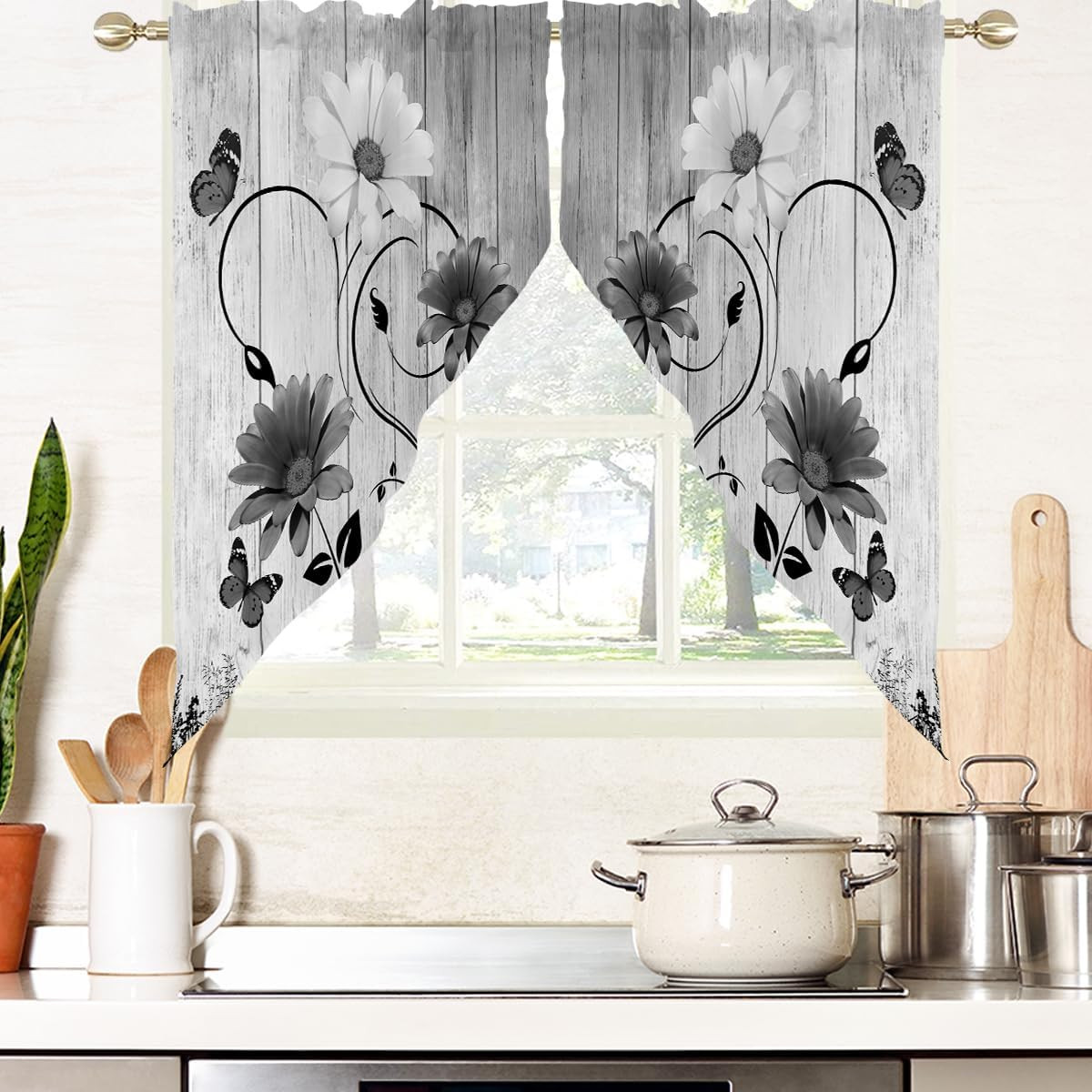 Black Floral Kitchen Swag Curtains, Vintage, 28″ W x 36″ L, 2 Panels | Grey and