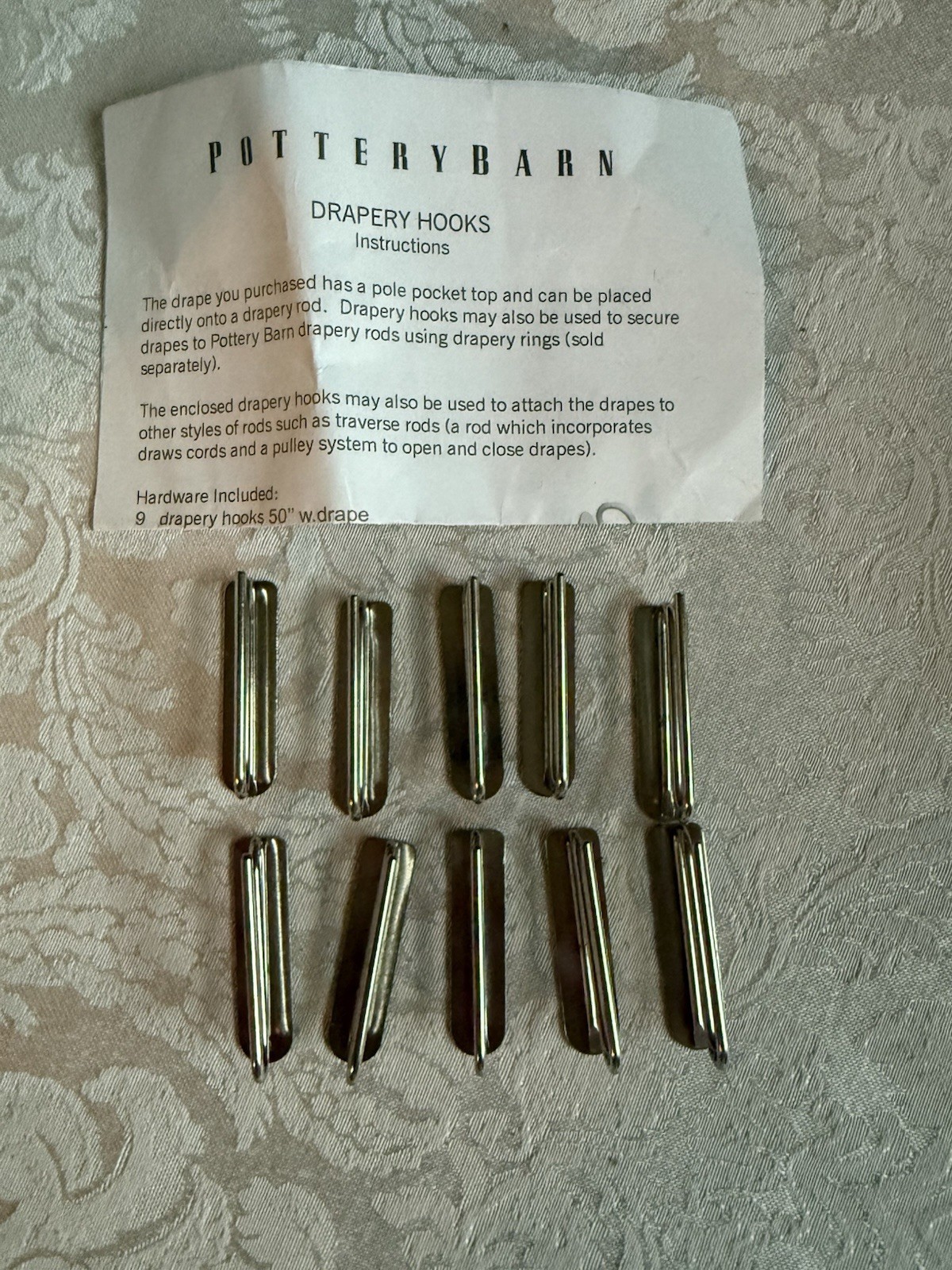 Set of (10) Pottery Barn Drapery Curtain Hooks Silver Metal Slide Pins