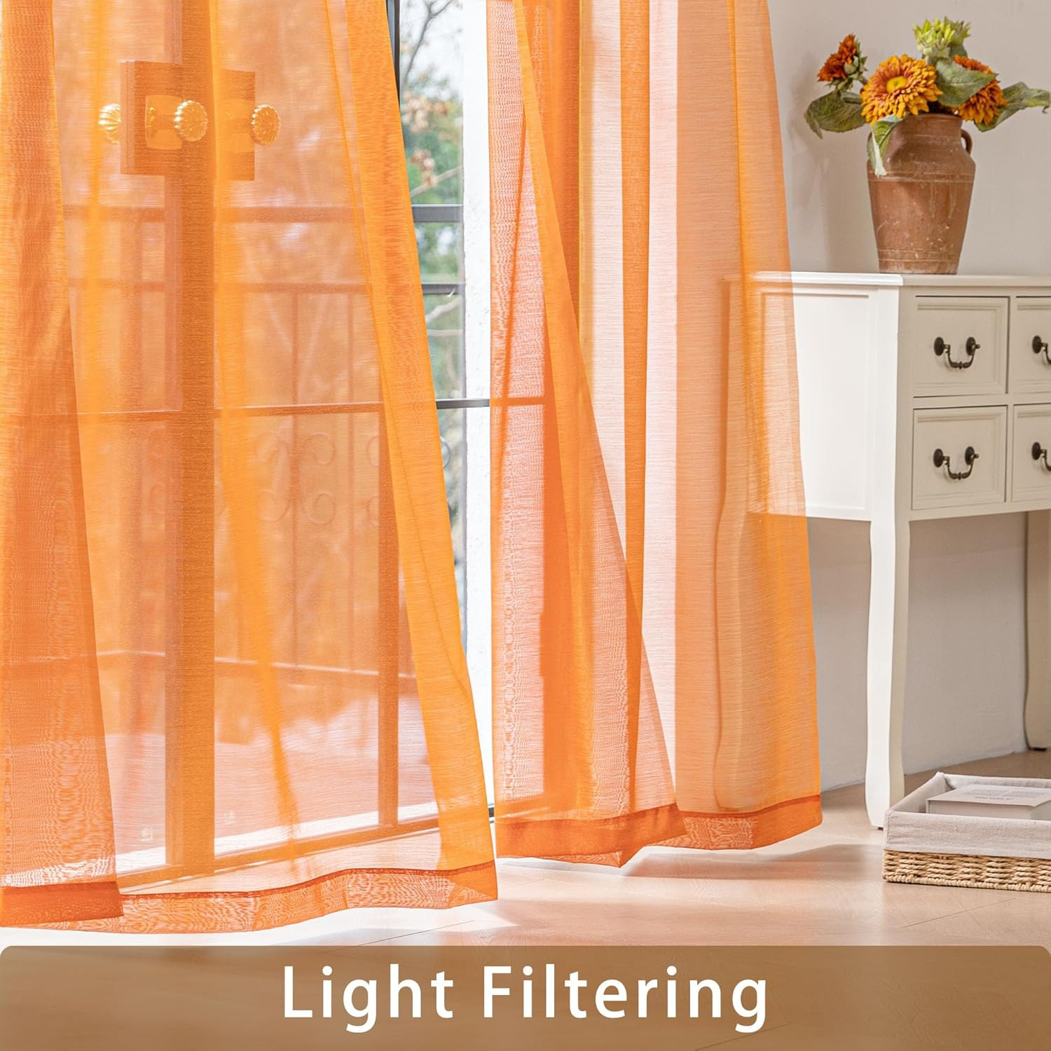 Orange Sheer Curtains 84 Inches Long, Privacy Semi Sheer Curtains for Living Roo