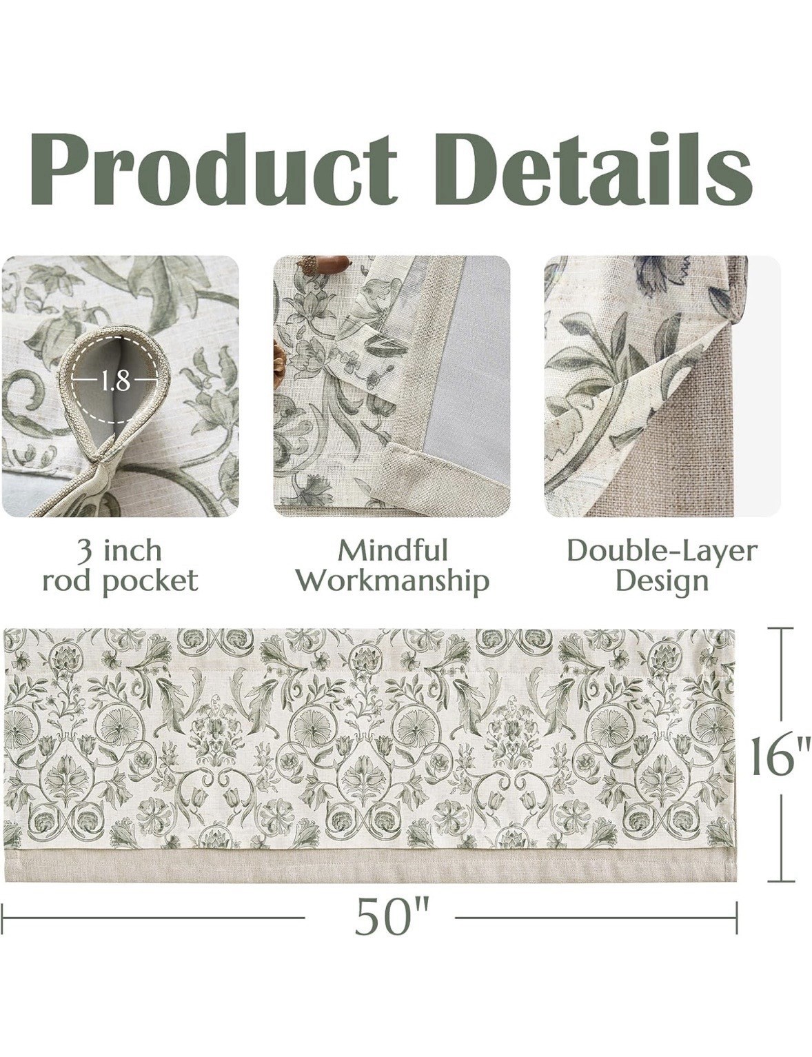 2 Jinchan Linen Valances Double Layer 16 in. Rod Pocket 2 Panels Green on Beige