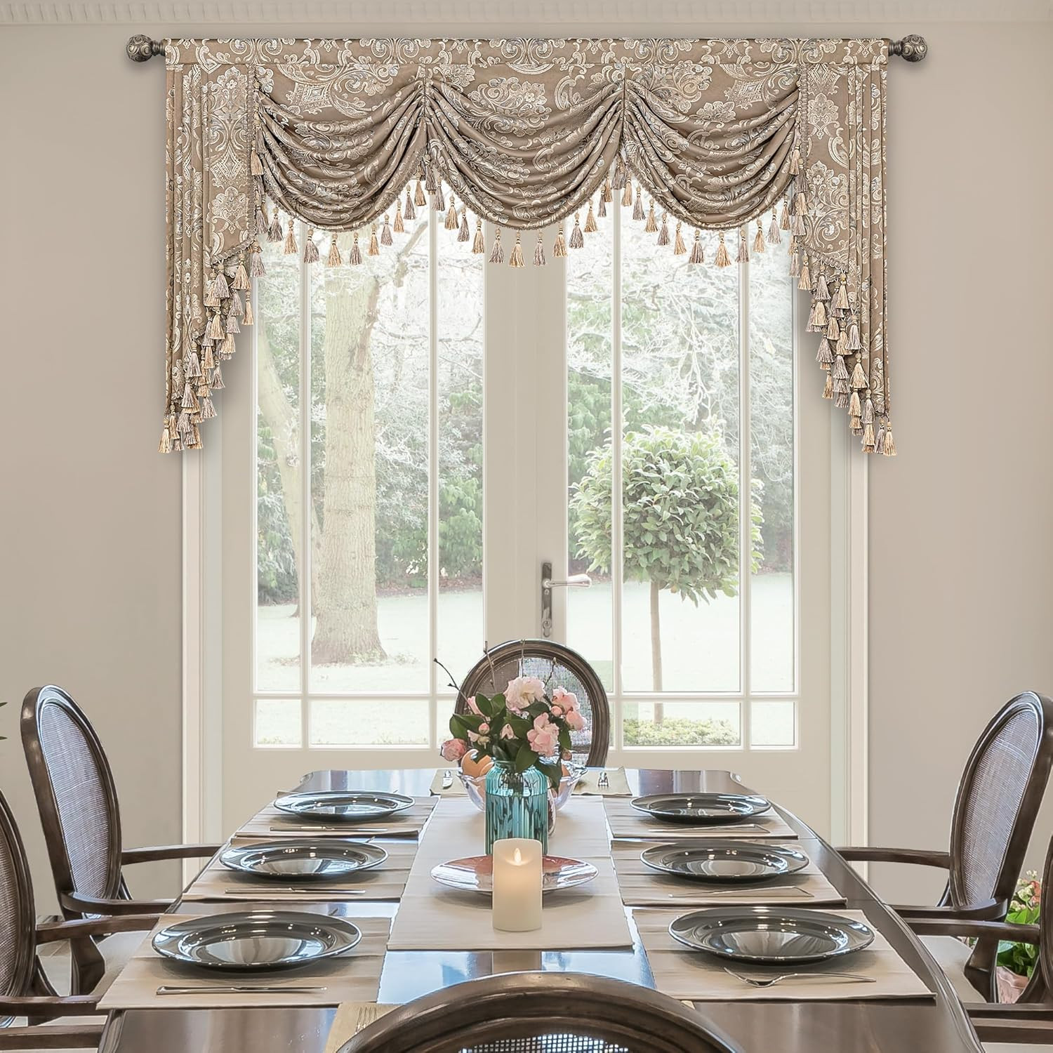 Elegant Jacquard Waterfall Valance with Tassels for Living Room & Bedroom