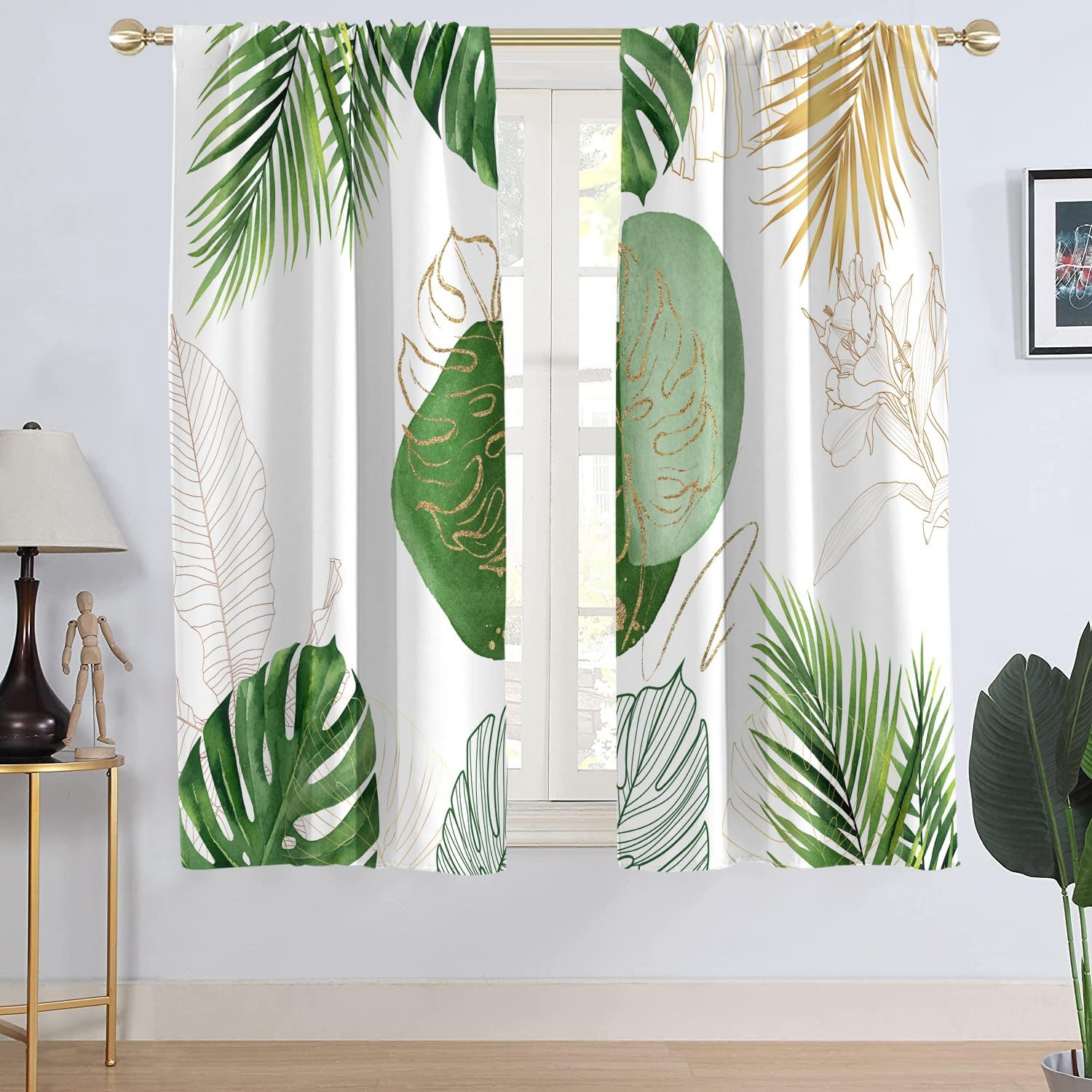 Green Boho Window Curtain Sage Gold White Bohemian Floral Modern Mid Century Bot