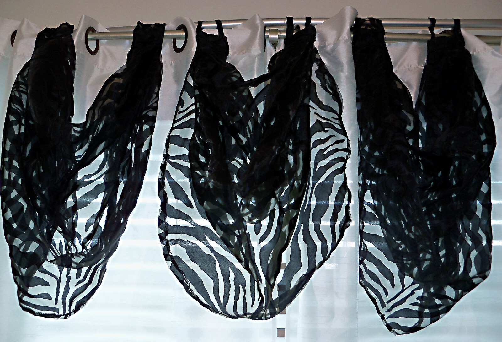 🦓BLACK ZEBRA STRIPE SHEER WATERFALL VALANCES SWAGS ART DECO STYLE NEW