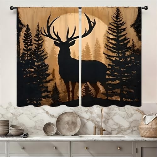 Forest Theme Rustic Deer Pine Kitchen Curtains Country Vintage Retro Cabin Lodge