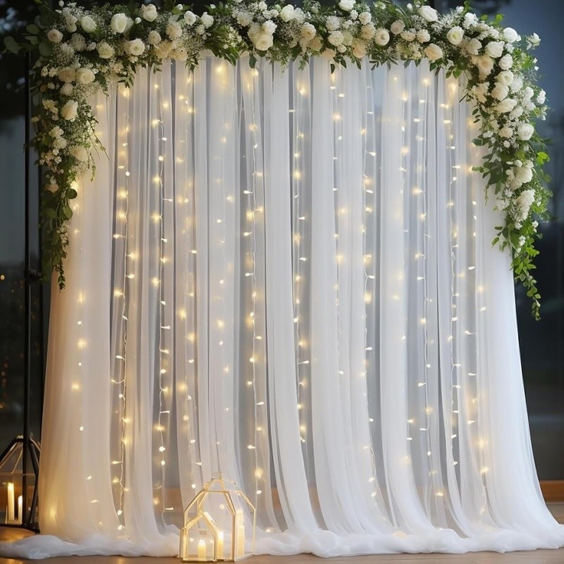 White Sheer Backdrop Curtains W/ String Lights Weddings Parties Events Decor New