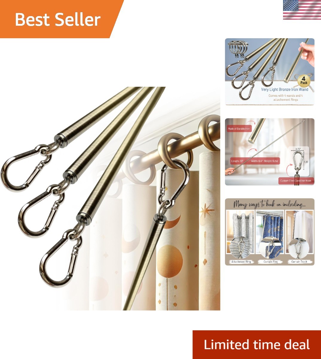 Curtain Pull Wand 36 inch Light Bronze Iron Drapery Rod 4 Pack Durable Sturdy