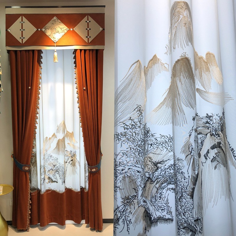 luxury European classical Embroidery valance orange Velvet curtain tulle M1801