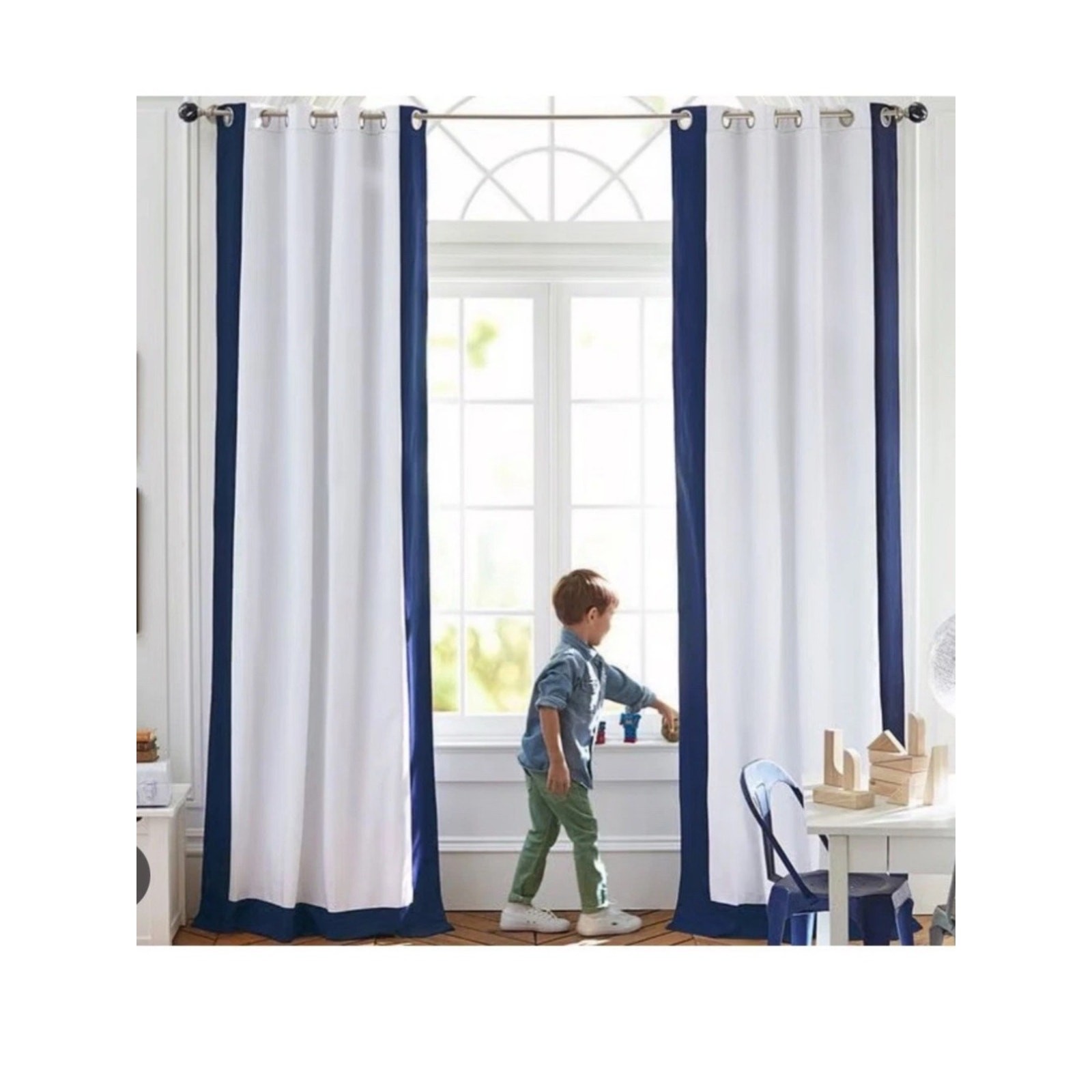 Pottery Barn Kids Window Curtain Panel Parker White w Navy Blue Stripe Trim NEW