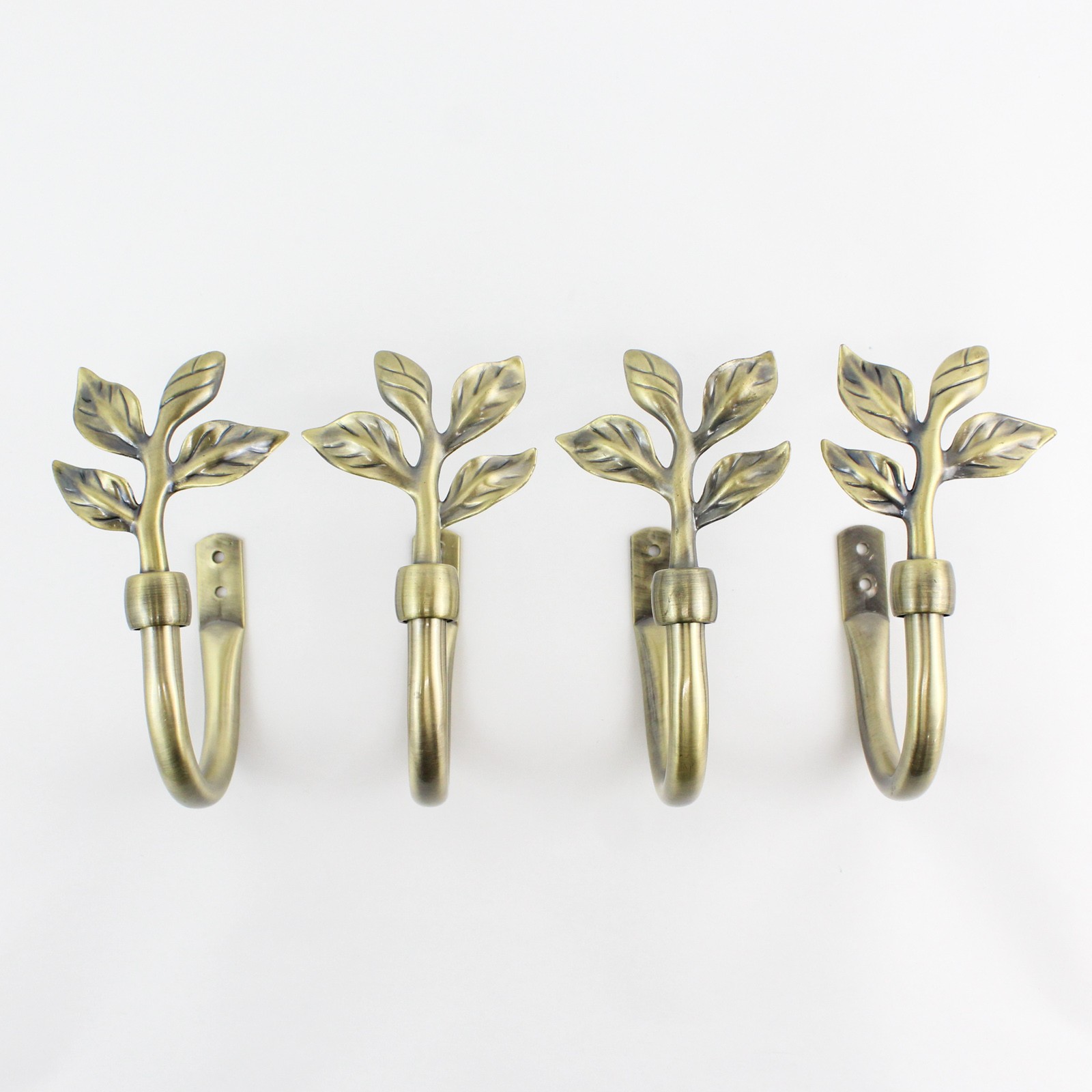 Set of 4 Brass Leaf Design Curtain Pull Back Hooks