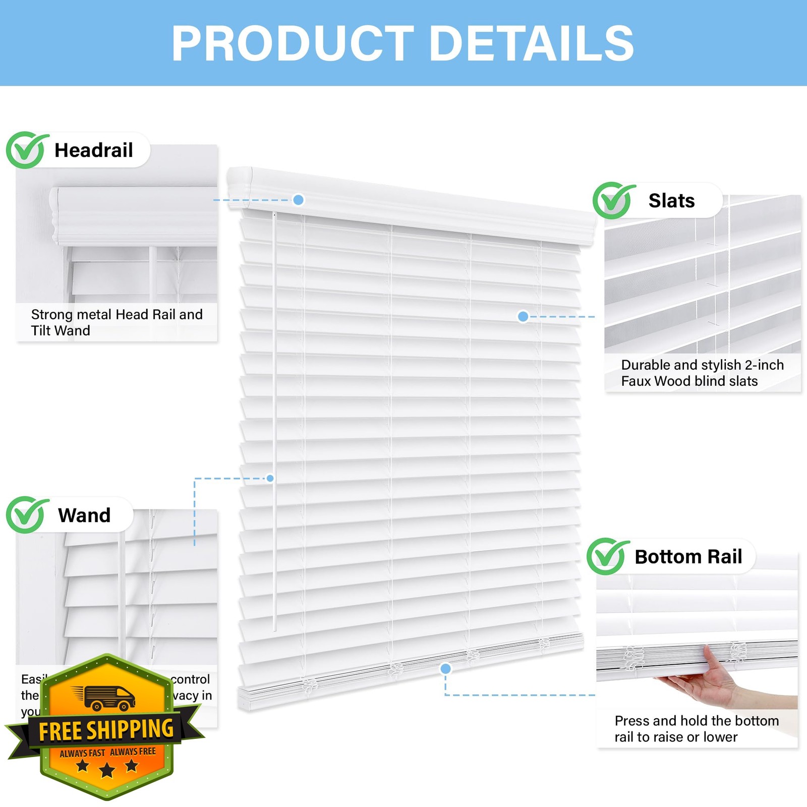 AOSKY White 27.5×60 2 Inch Faux Wood Blinds