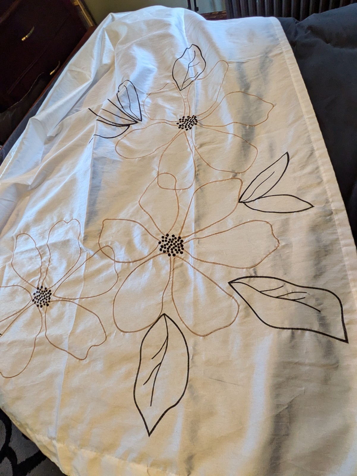 White Contemporary Drapes 2 Panels Large Embroidered Flowers Curtains 55 x 84
