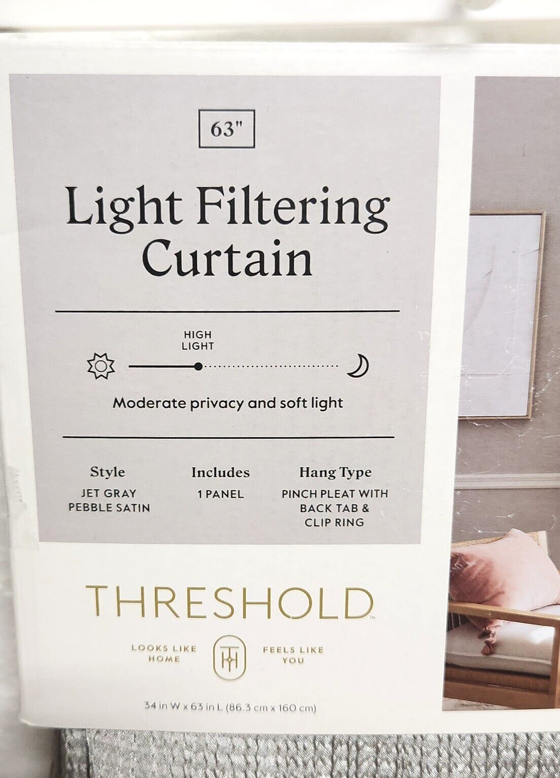 1 Pair 34 x 63 Threshold Light Filtering Pebble Satin Curtain Panels Grey