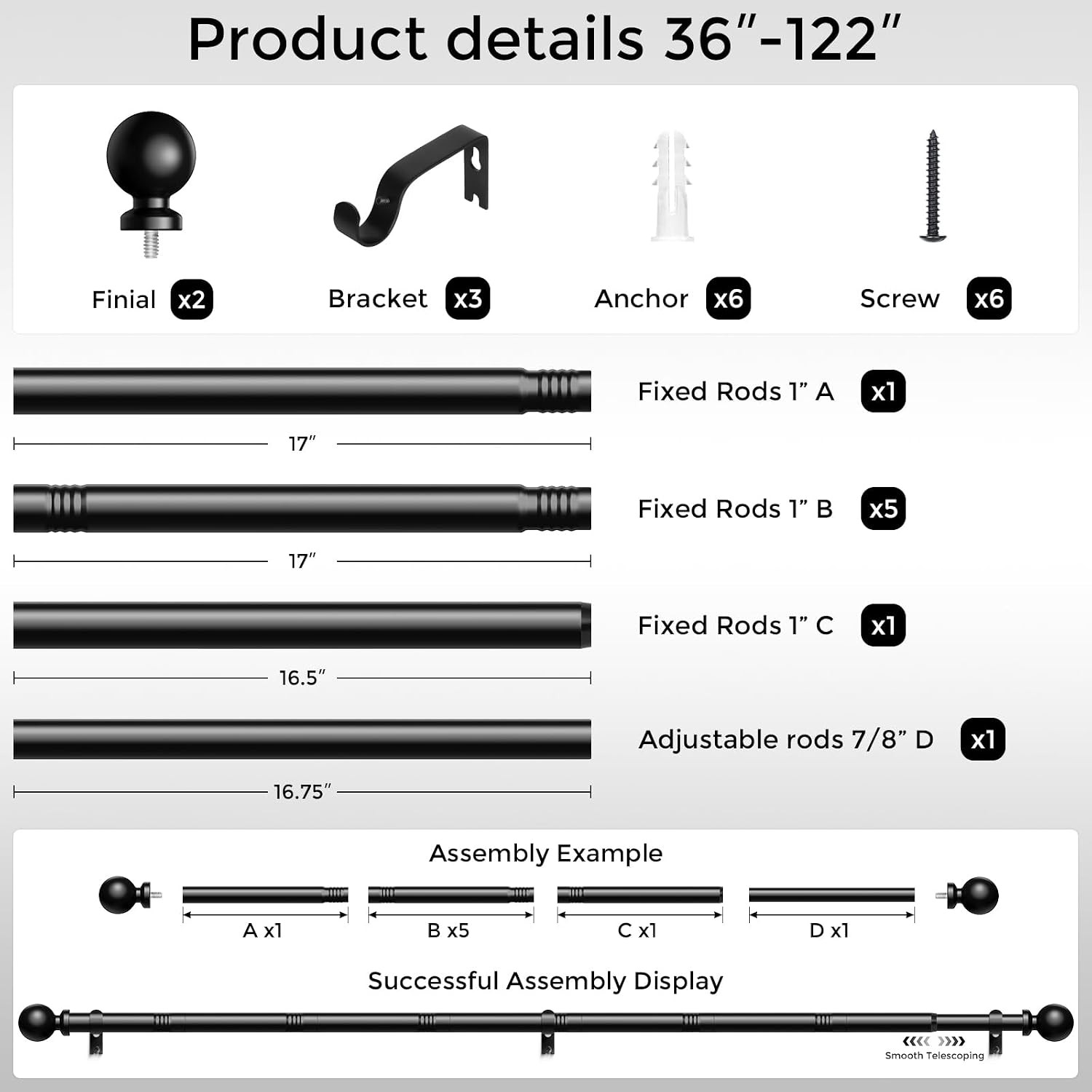Long Curtain Rods 36-122 Inch, Black 1 Inch Adjustable Heavy Duty Curtain Rods f