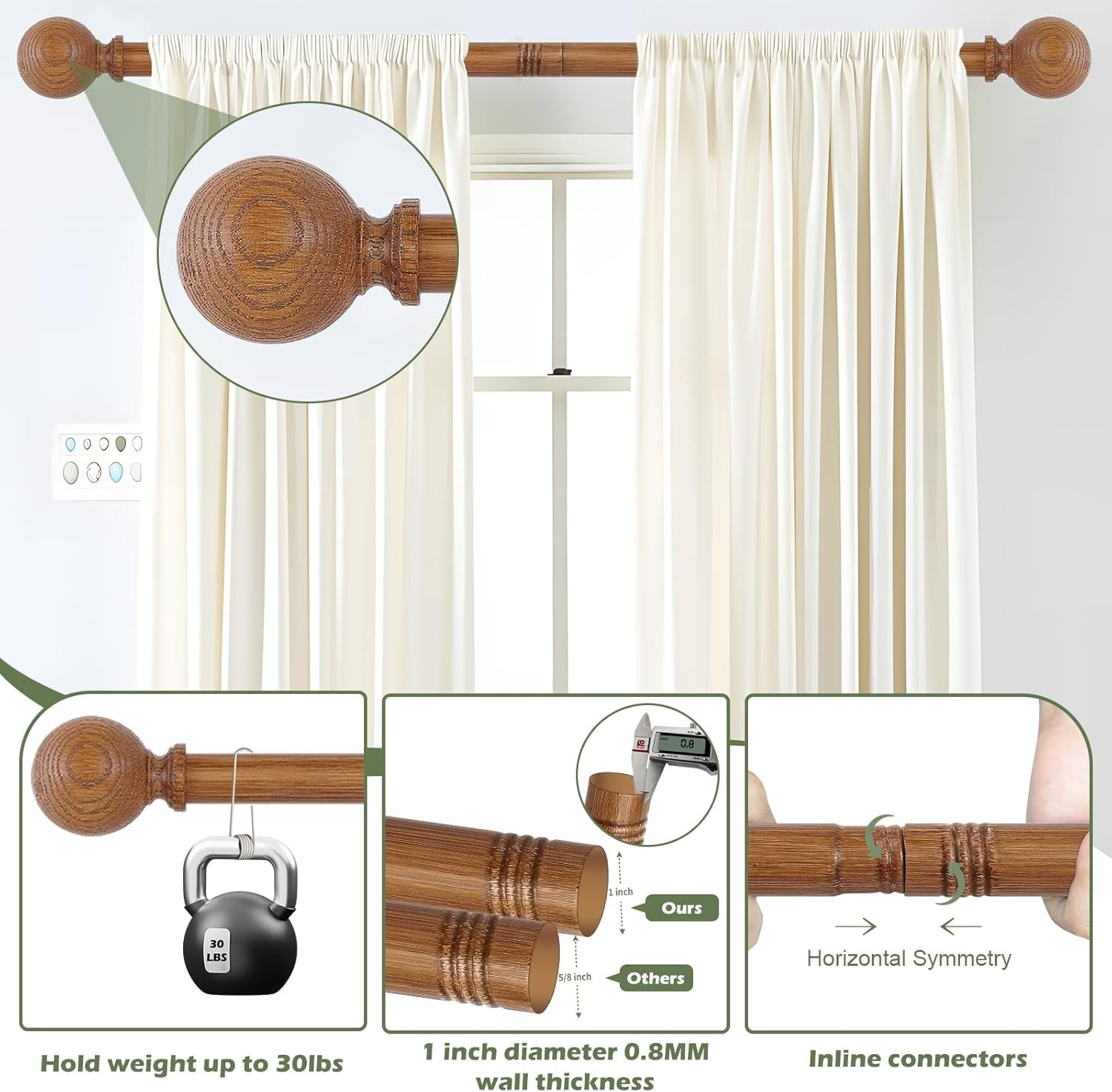 2 Pack Wood Curtain Rods for Windows 28 to 48 Inch,1 Inch Wood Grain Ball Adjust