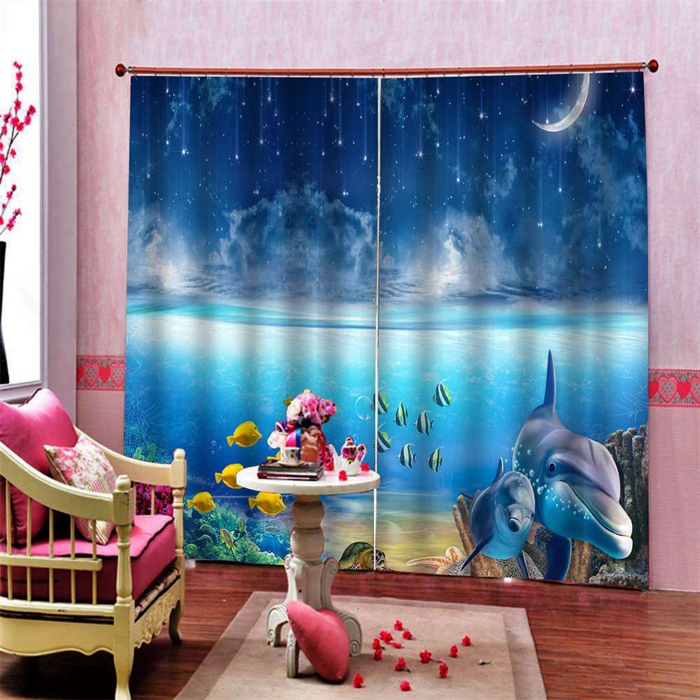 Yellow Bubble Fish Sand Blue Water Printing 3D Blockout Curtains Fabric Window