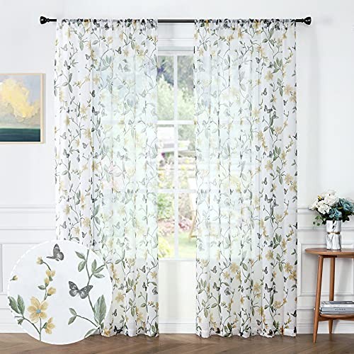 Tollpiz Sheer Floral Curtain Flower Butterfly 54″W x 54″L (Pack of 2) Yellow