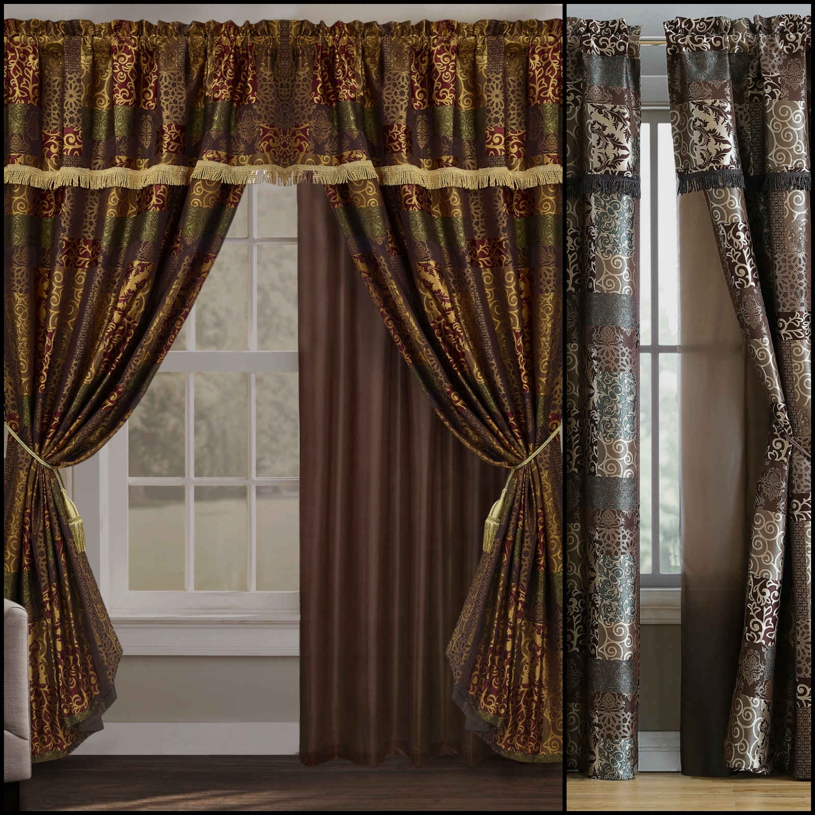 Amelia 2-Panels Rustic Jacquard Floral Patchwork Drapes Window Curtain Set