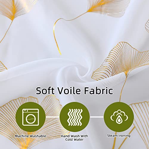 Gold Foil Print Voile Sheer Curtains, 52″W x 84″L (Pack of 2) Ginkgo/Gold