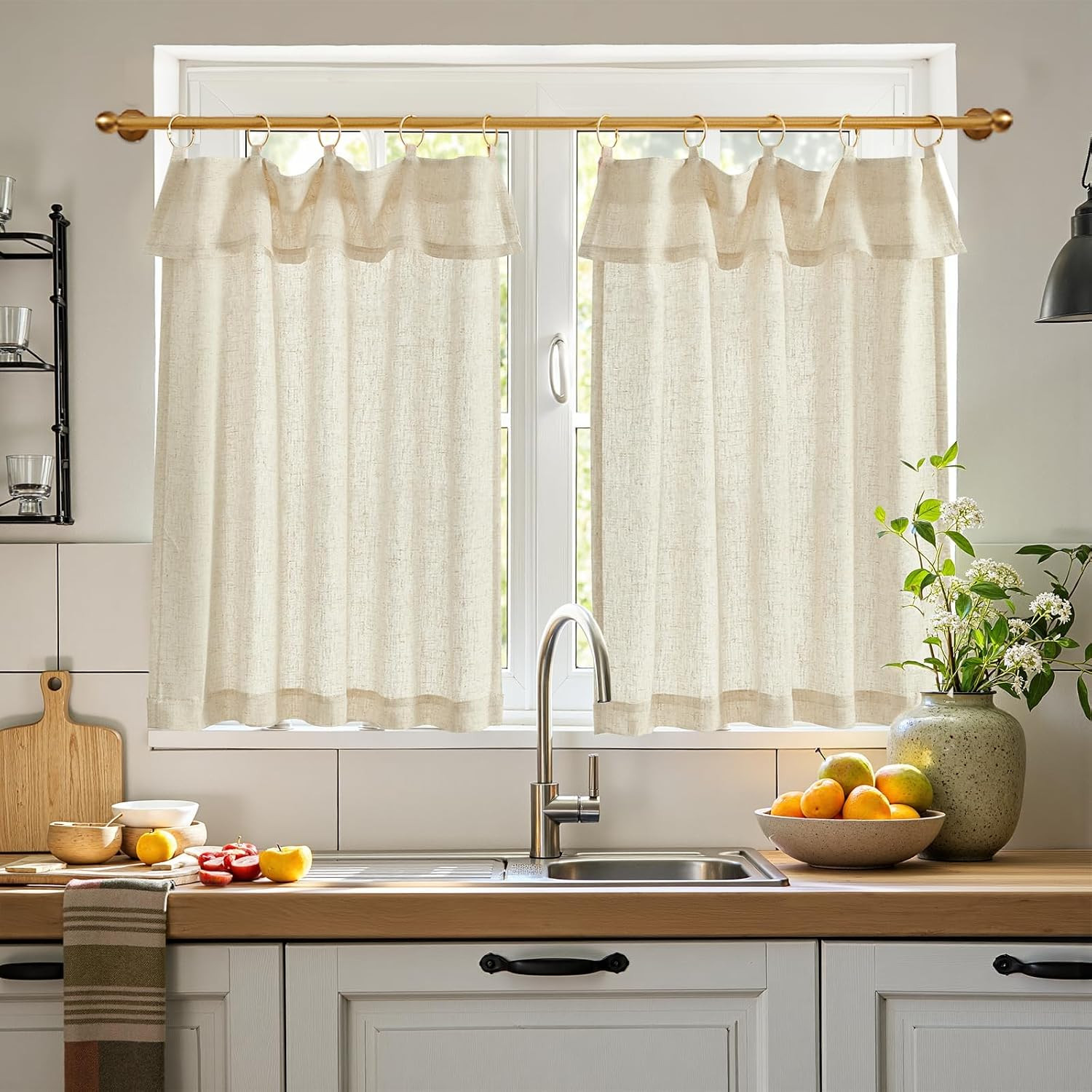 Jinchan Linen Tier Kitchen Curtains, 30X36, 2 Panels, Natural | Light Filtering,