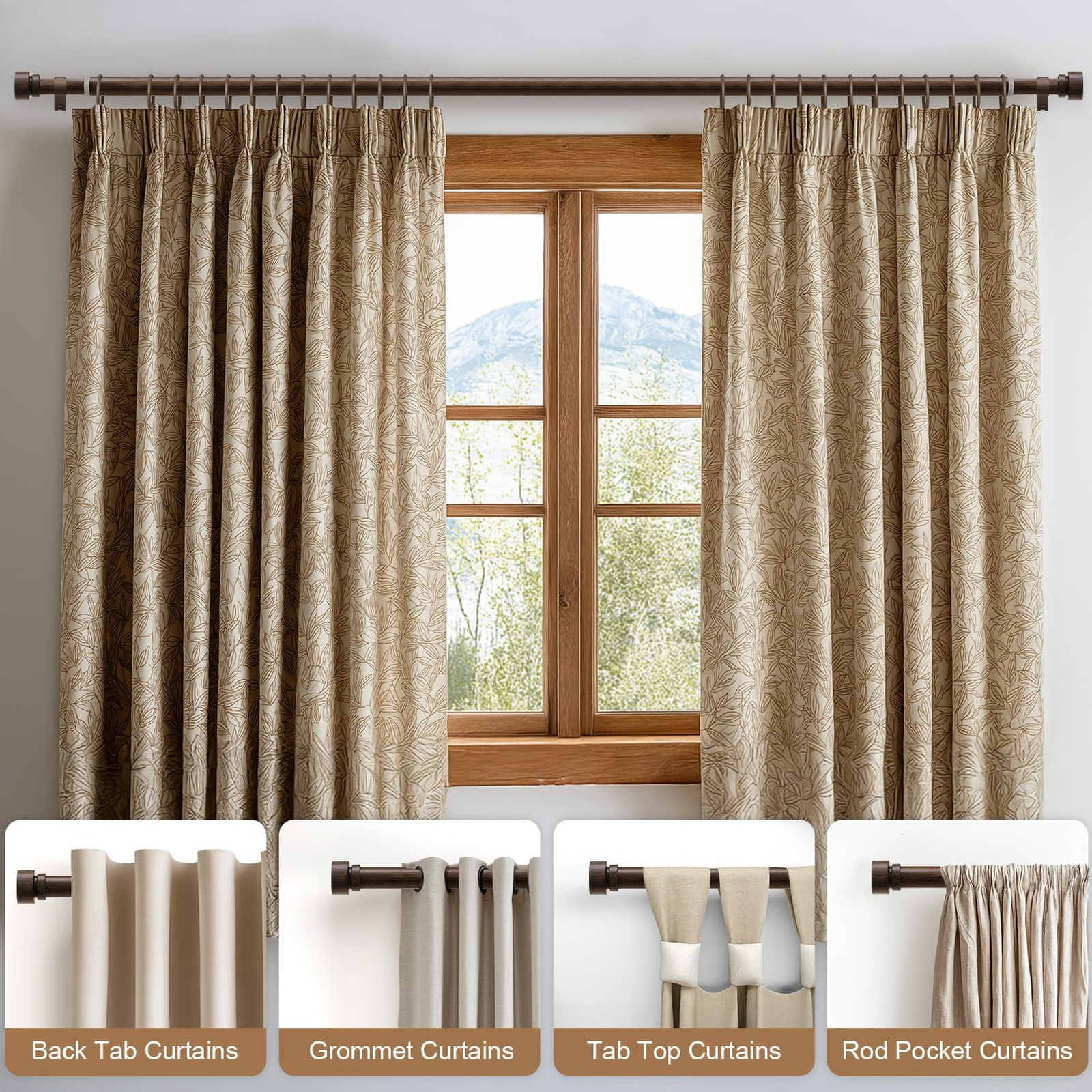 Deep Walnut Wood Curtain Rods 28 to 48 Inches Adjustable Heavy Duty Window