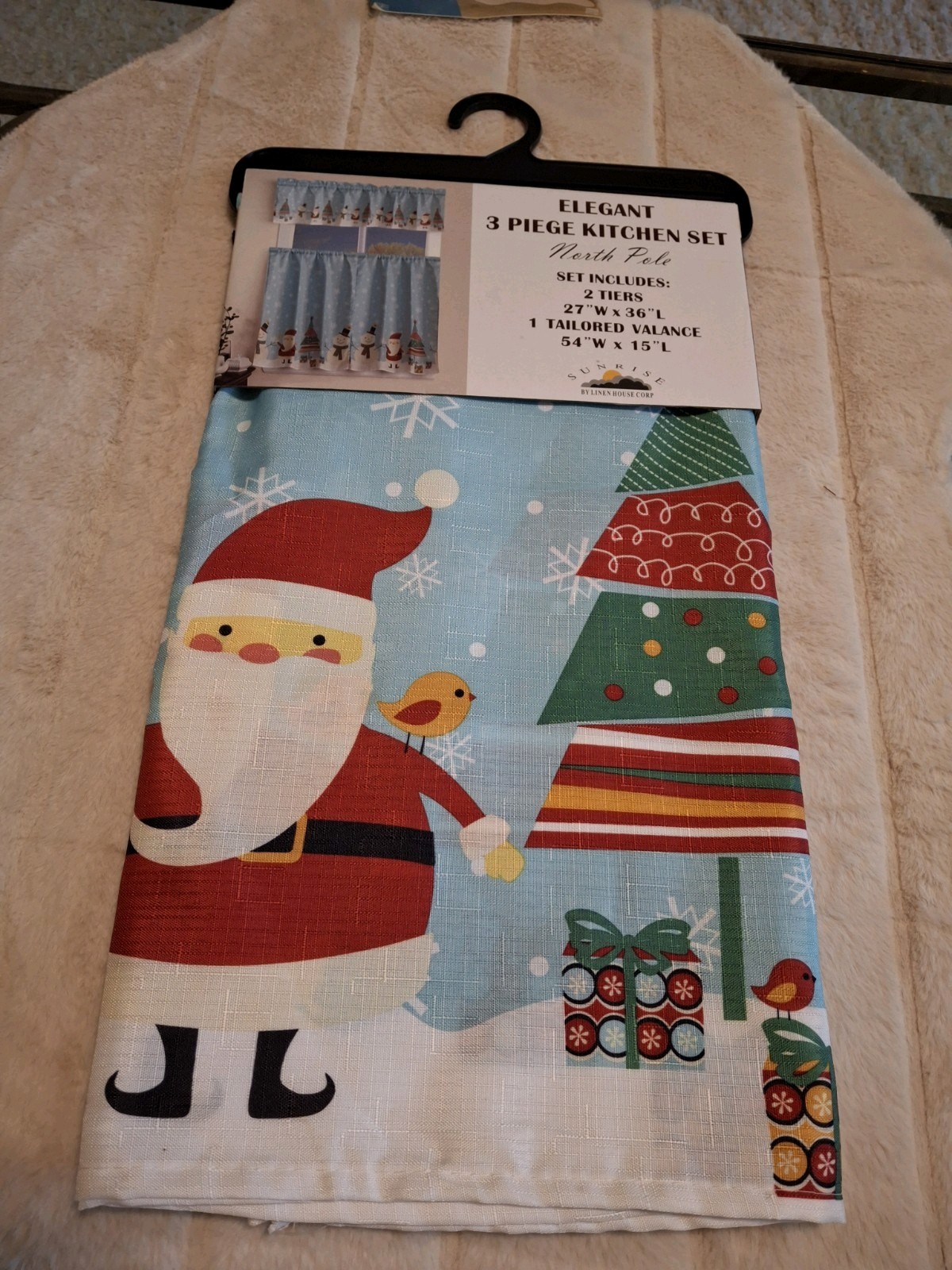 Christmas Kitchen Curtains 3 Piece Set Santa Snowman North Pole NWT