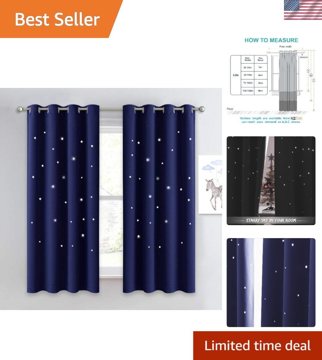 Kids Blackout Curtains Star Night Sky Window Drape 52×63 Inches Navy Blue