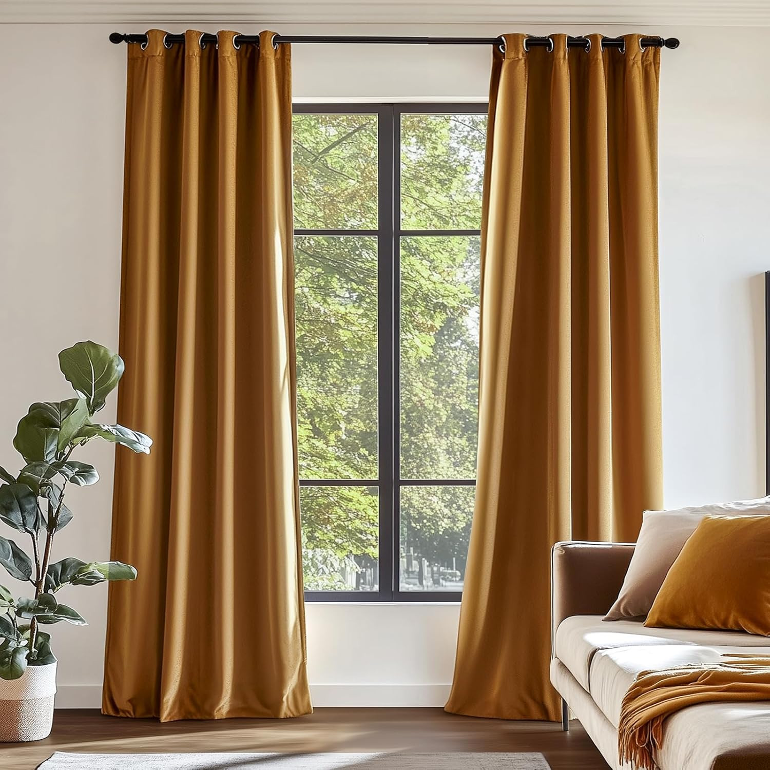 Luxury Gold Velvet Thermal Insulated Curtains 108″ Extra Long Set of 2 Panels