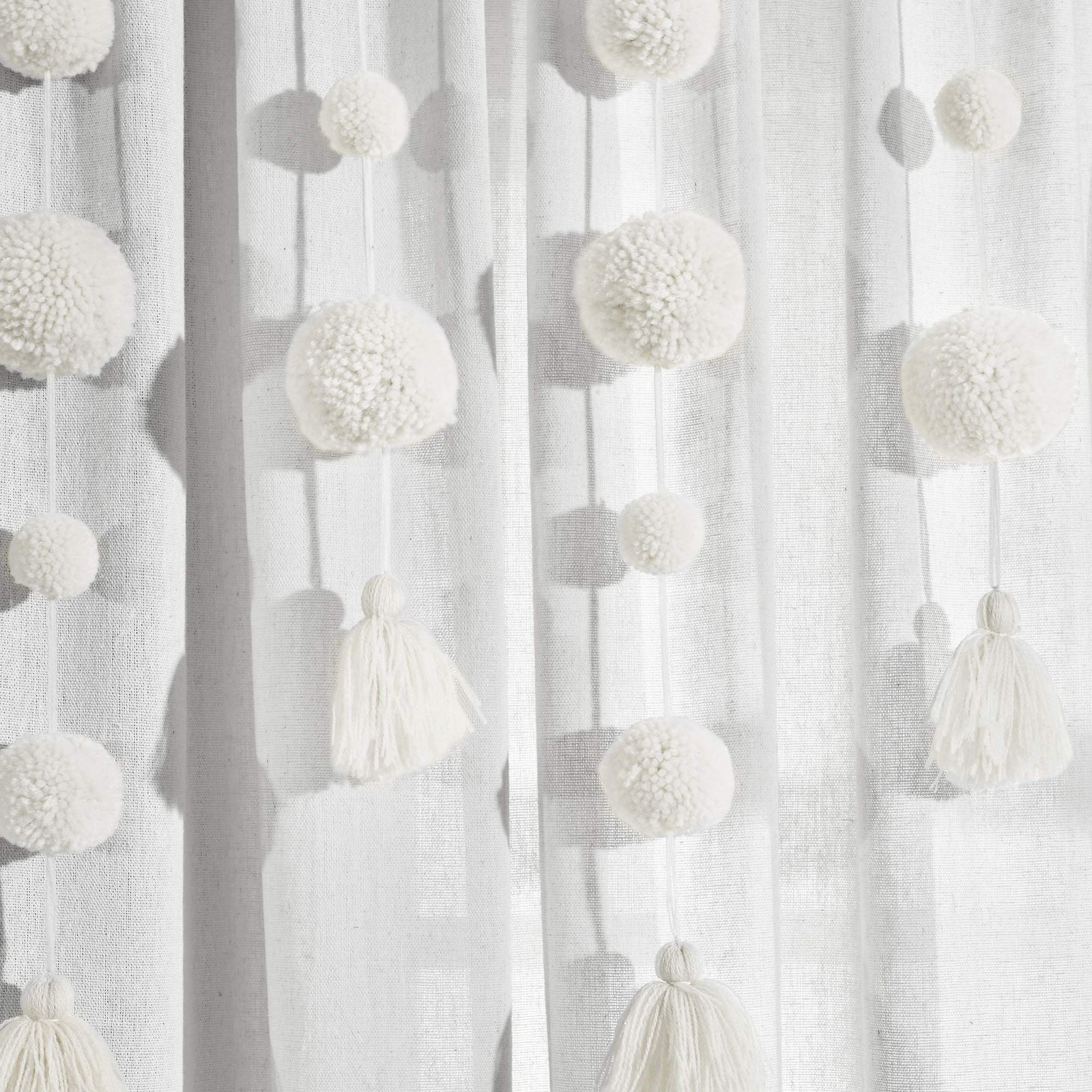 Elegant Off White Faux Linen Curtain 52×95 with Pom Poms for Home Decor