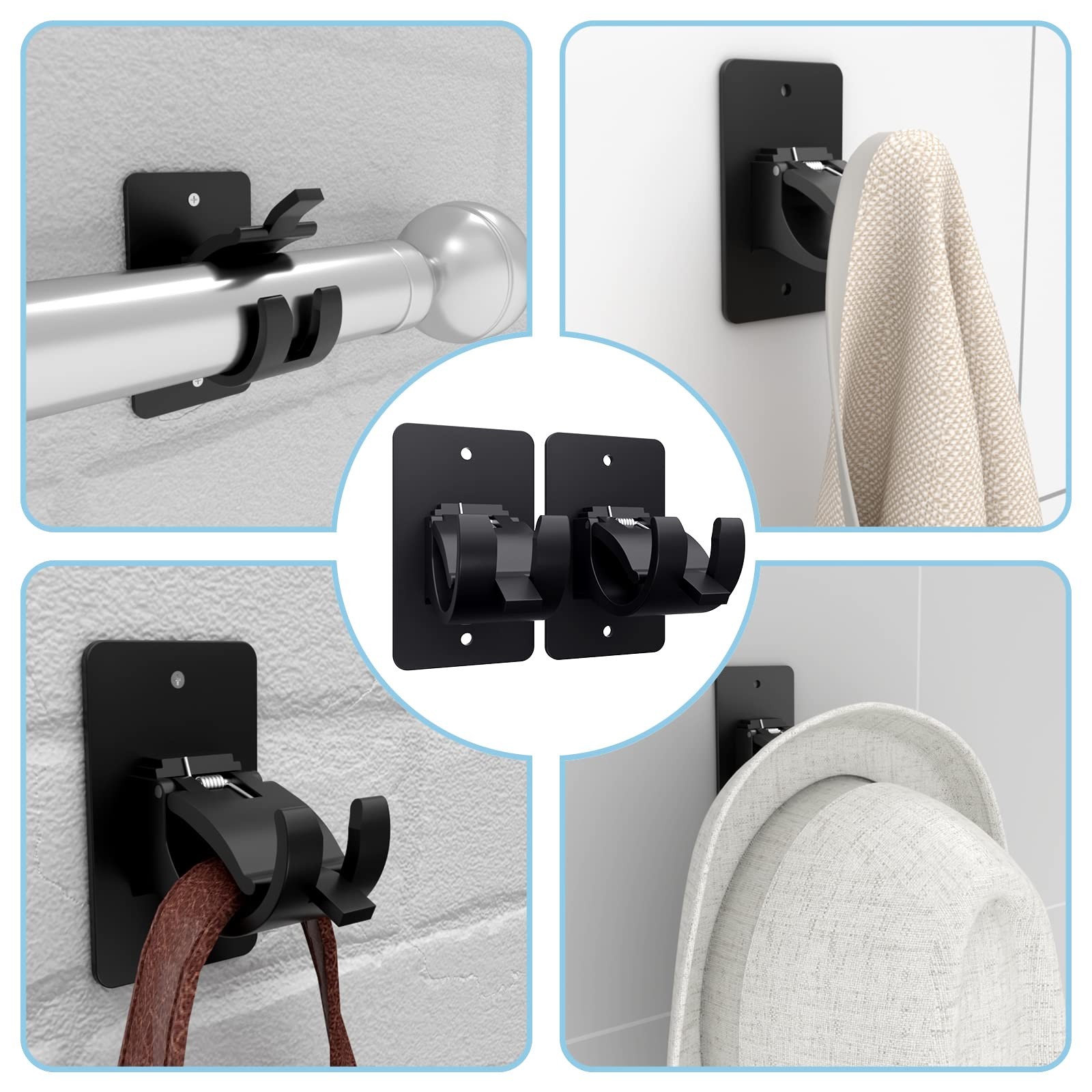 2 Pieces Self Adhesive Curtain Rod Bracket, 3 * 1.8 * 2.4 inches, 2 Pcs Black