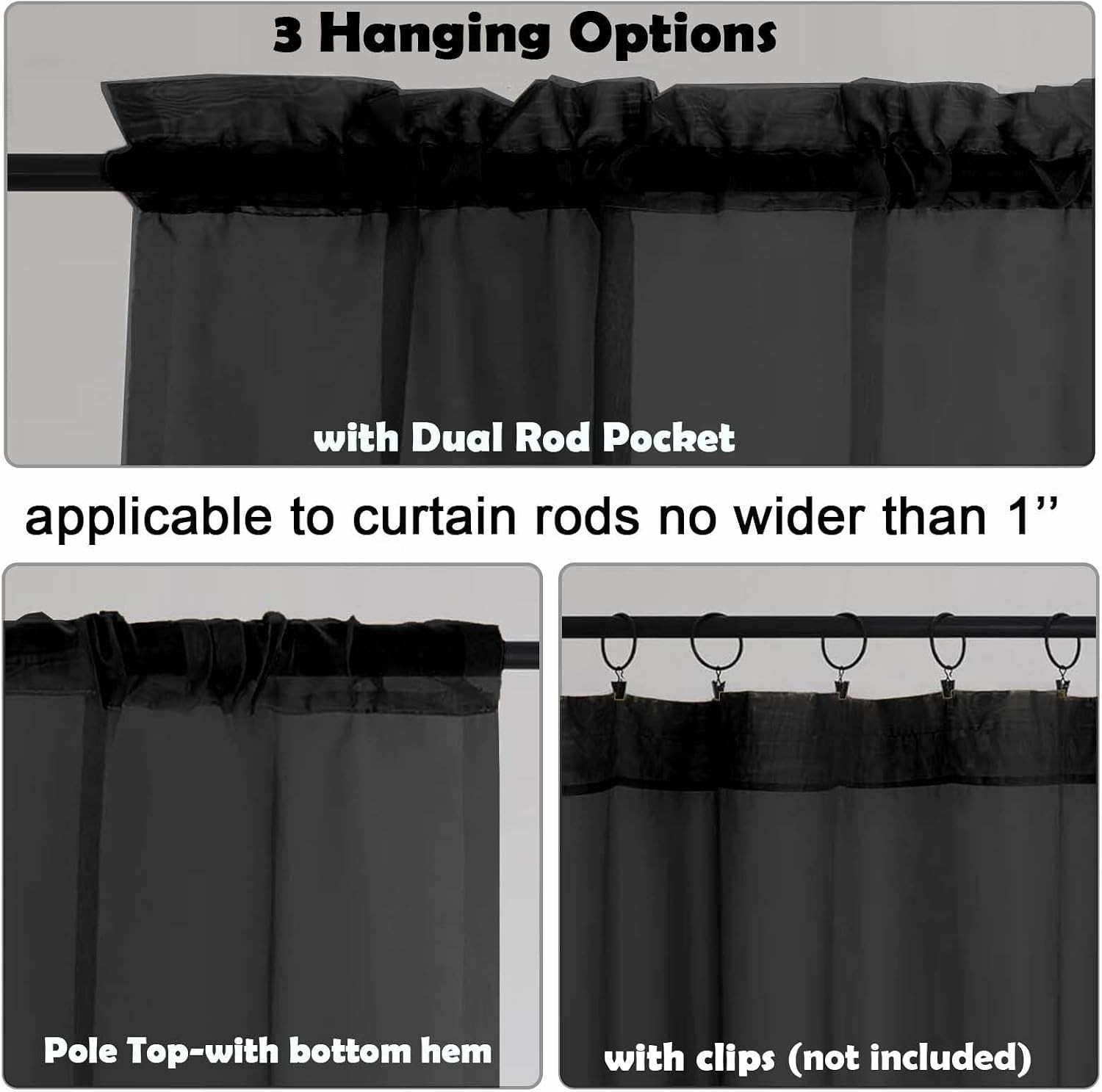 Black Sheer Curtains 54 Inch Length for Bedroom – Light Filtering Short Curtains