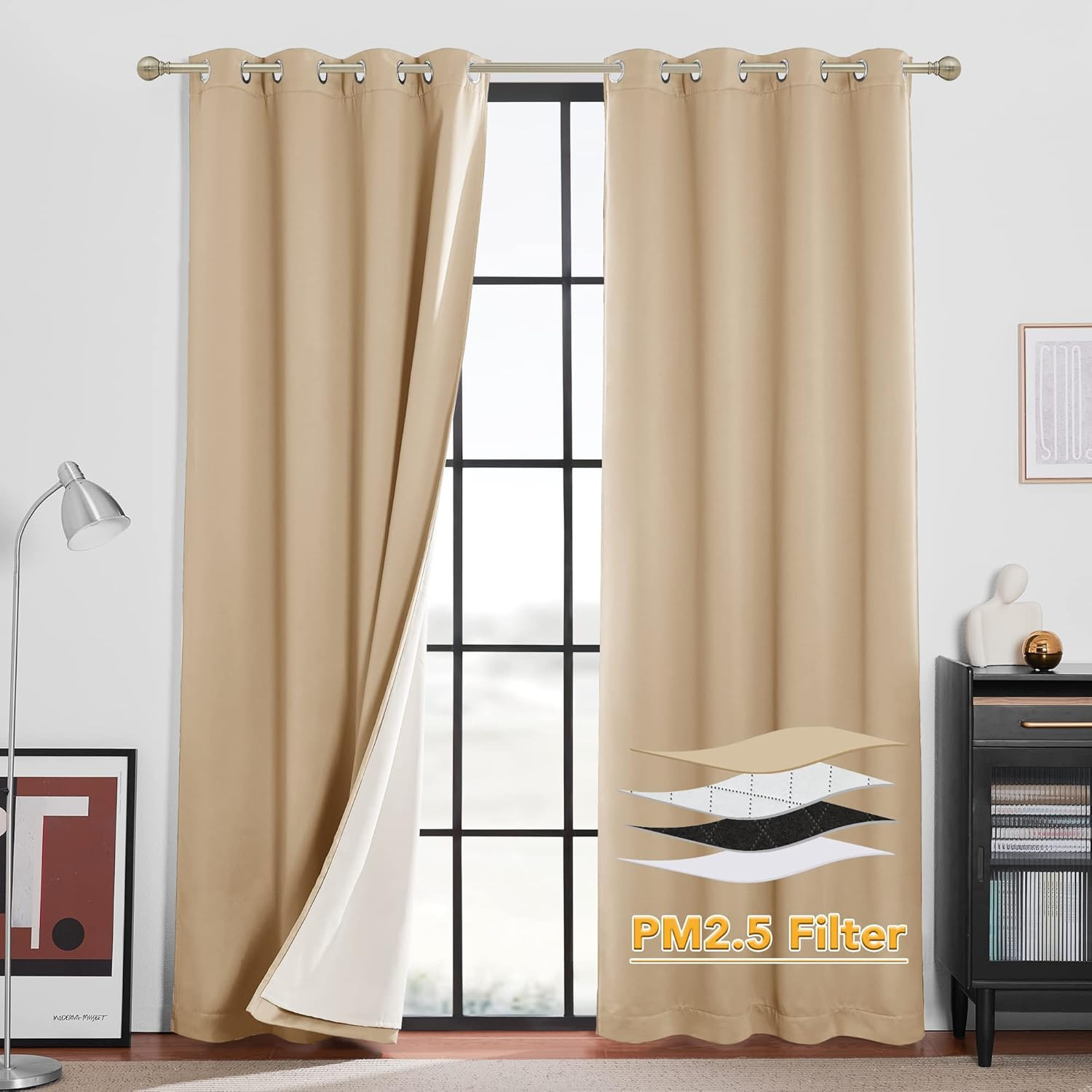 Biscotti Beige 100% Blackout Curtains, Noise Reducing, 108″ Drapes, 2 Panels