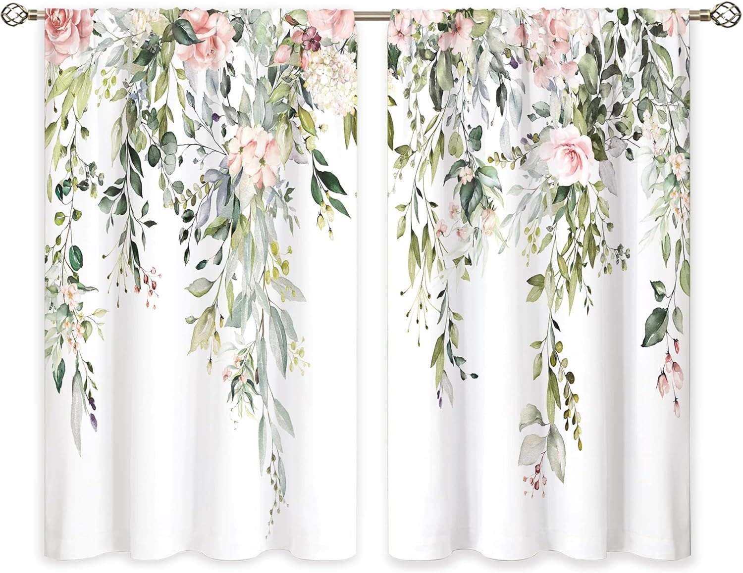 Eucalyptus Botanical Leaves Pink Rose Floral Kitchen Window Curtains Flower Plan