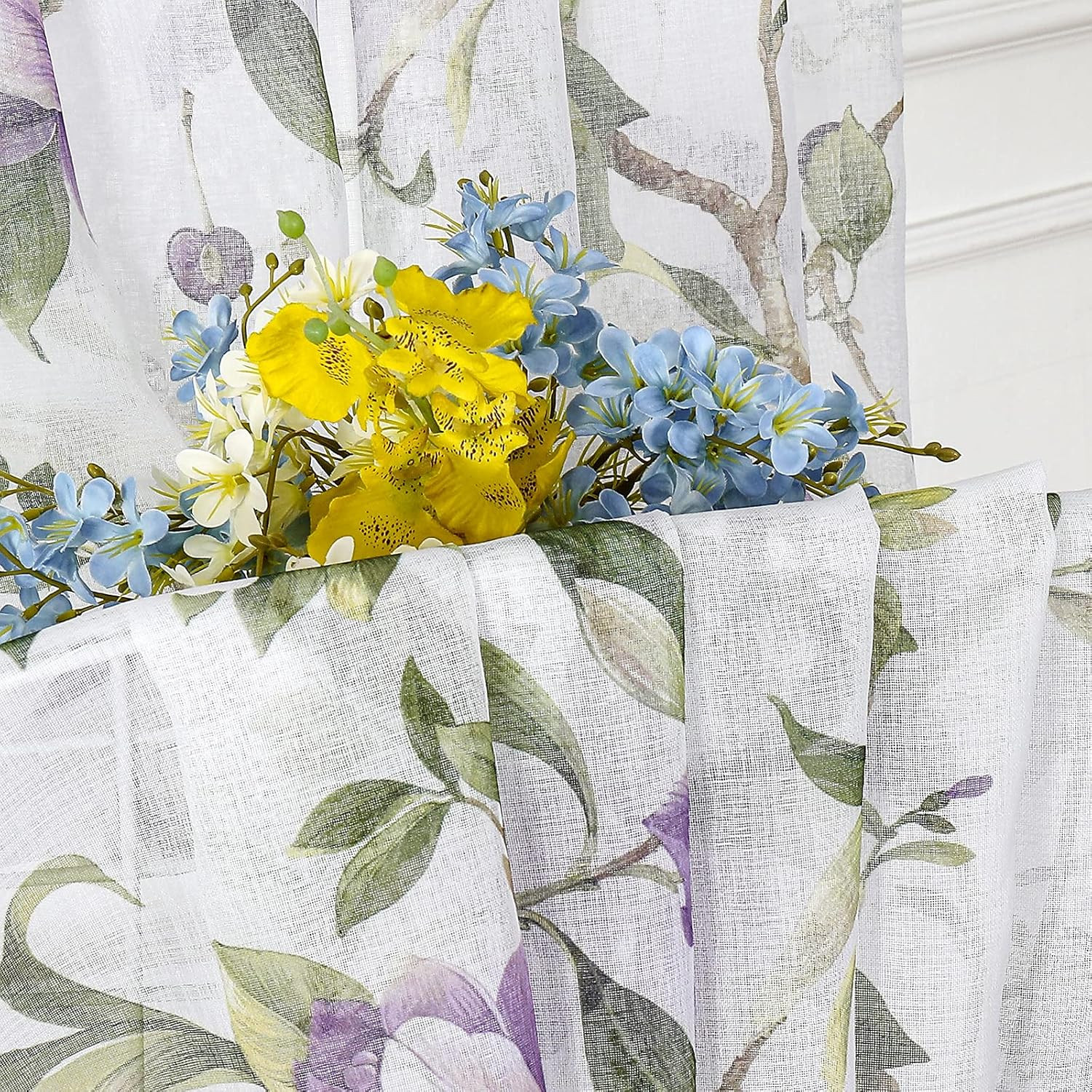 Floral Sheer Tier Curtain Purple Cherry Flower Butterfly Print Half Curtains Kit
