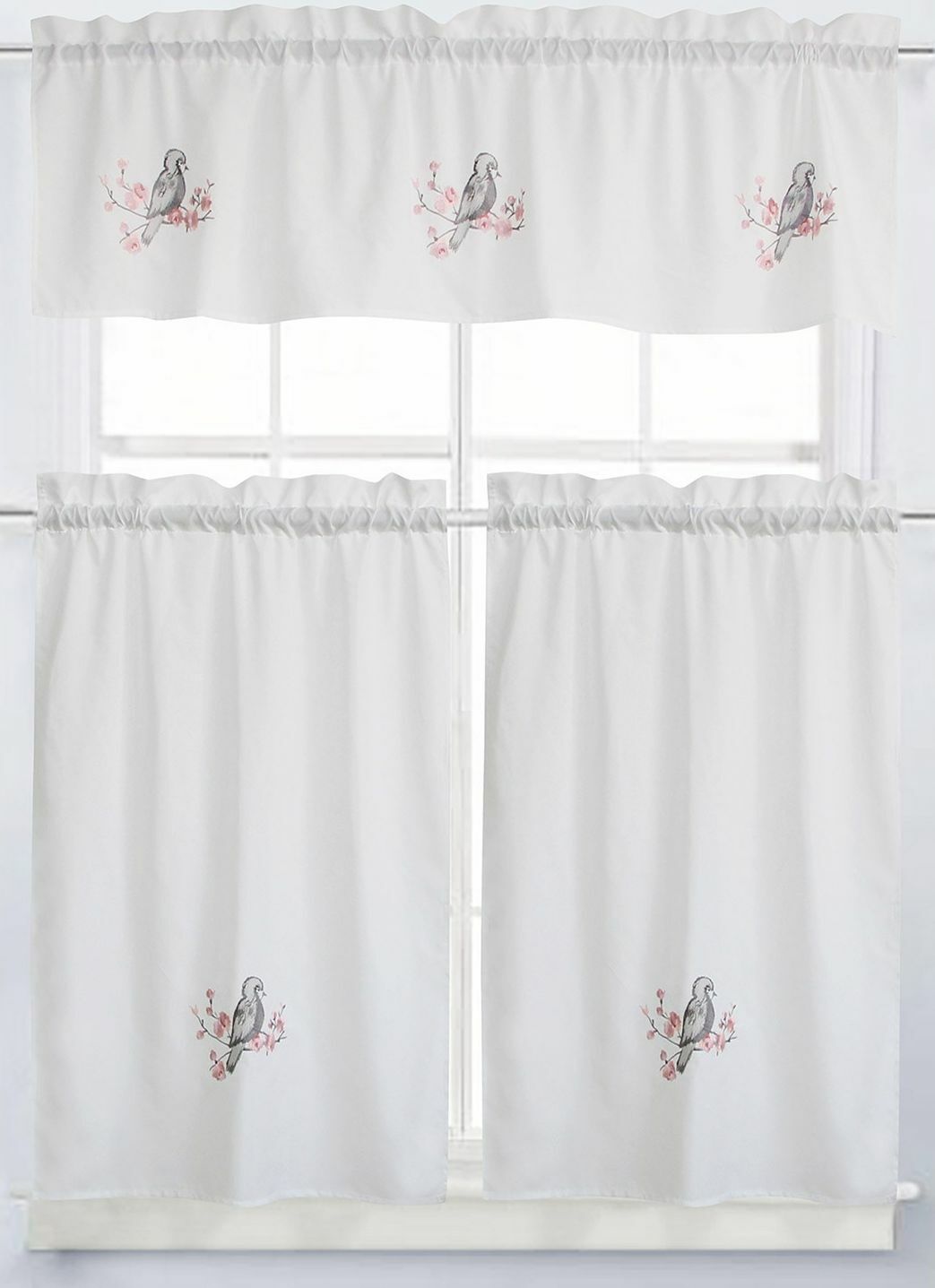 3pc Embroidered Kitchen Curtains Set:2 Tiers (28″x36″) & Valance(56″x15″)BIRD,RH