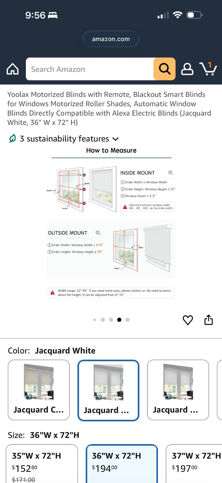 Yoolax 36″x72″ blackout motorited smart blind compatible w/Alexa