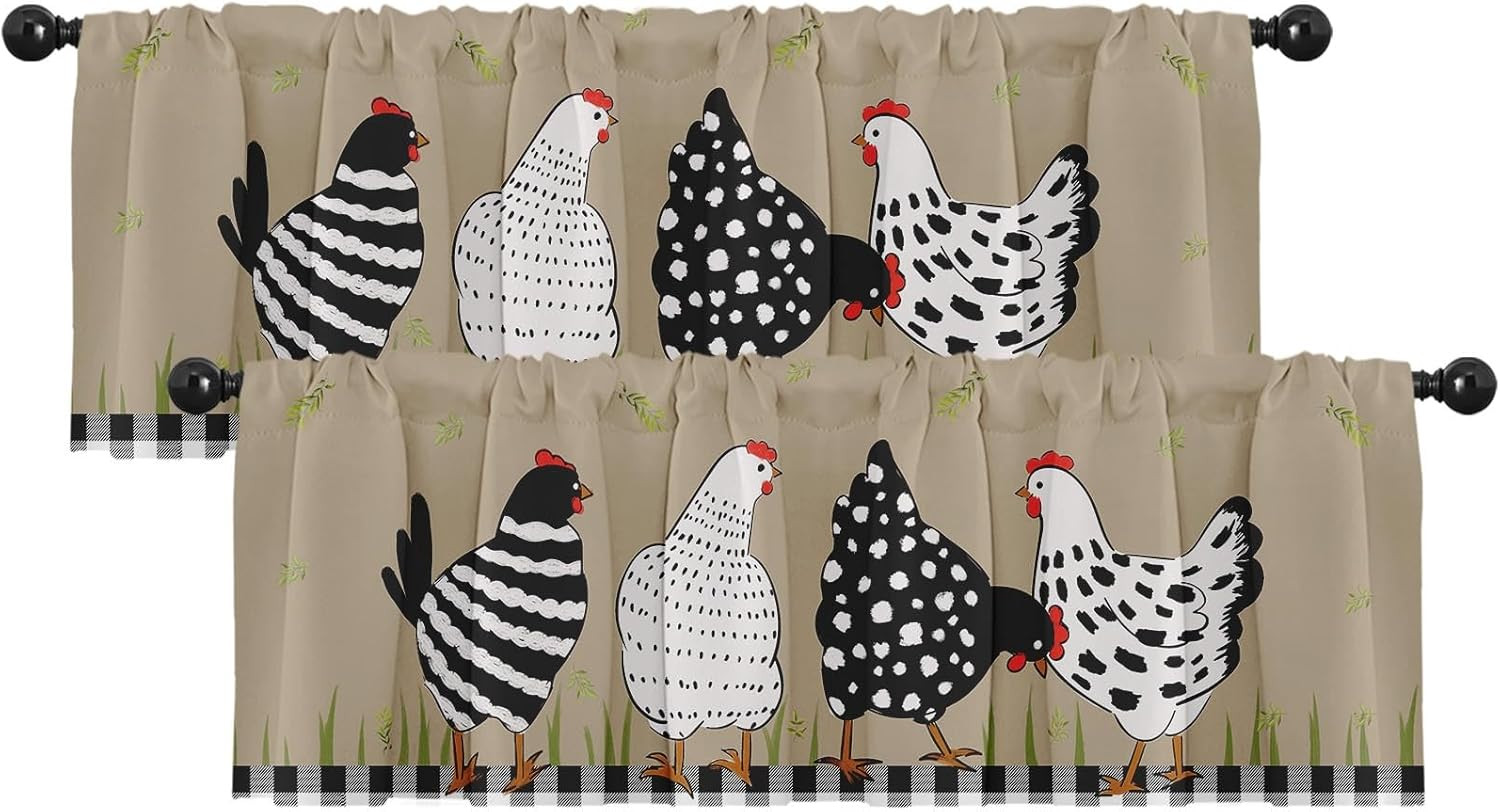 2 Pack Valances Window Treatments, Black White Rooster Farmhouse Funny Chicken B