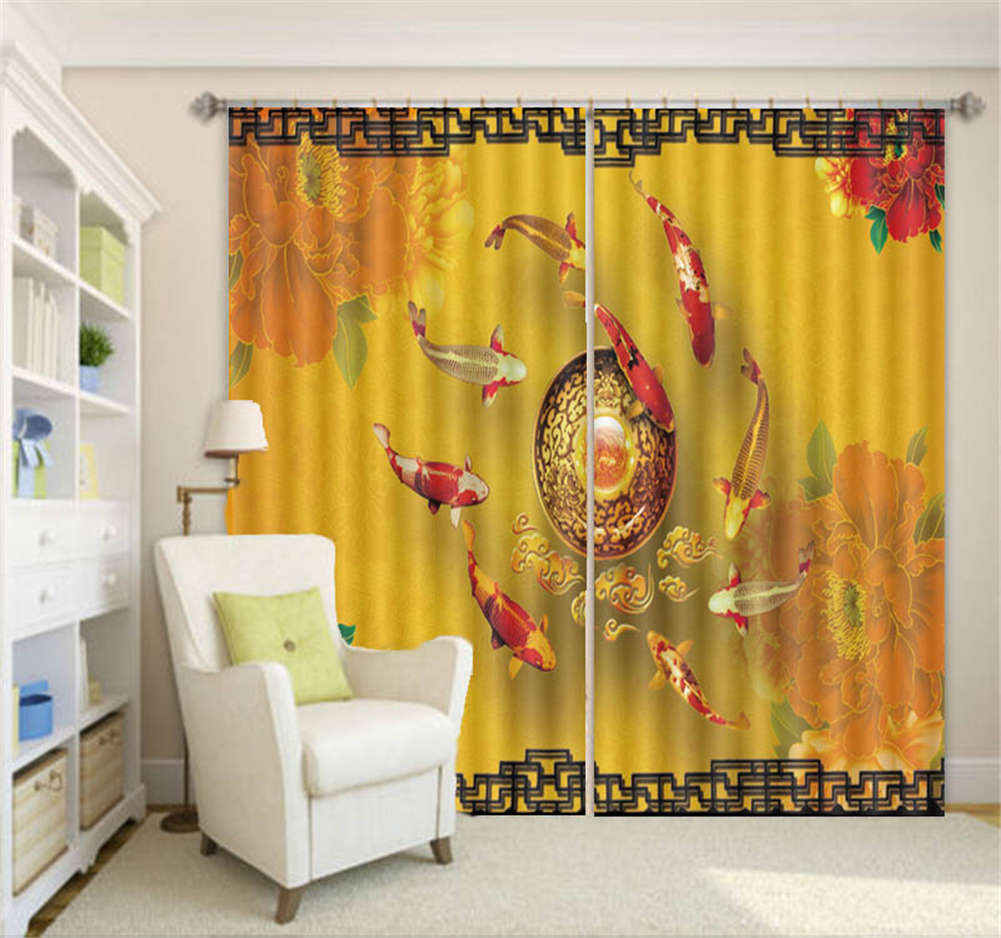 Many Auspicious Carps 3D Curtain Blockout Photo Printing Curtains Drape Fabric