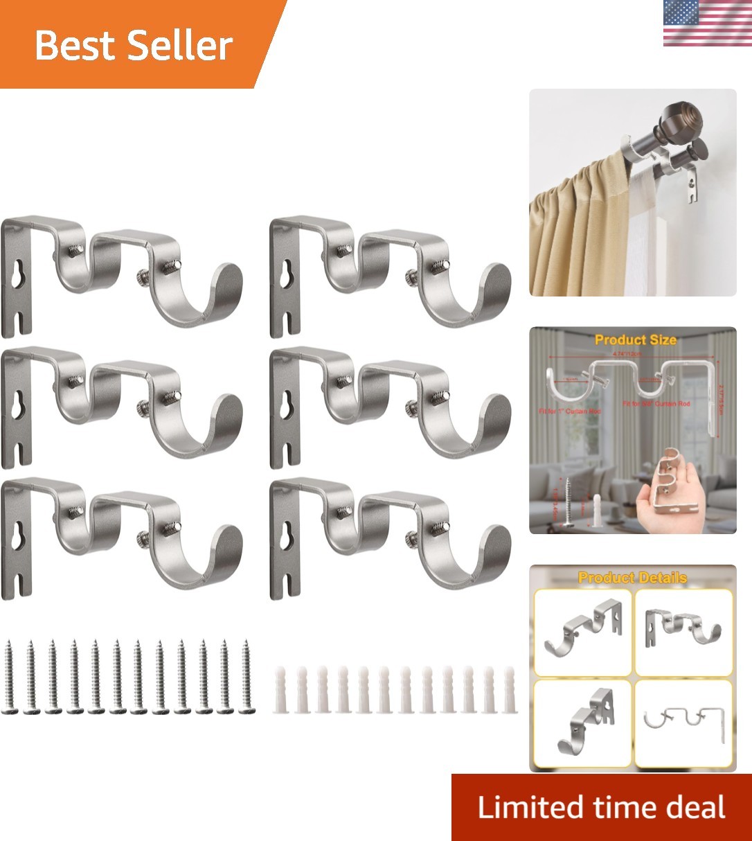 Elegant Silver Double Rod Curtain Bracket Set – Versatile 6-Pack for Home Decor