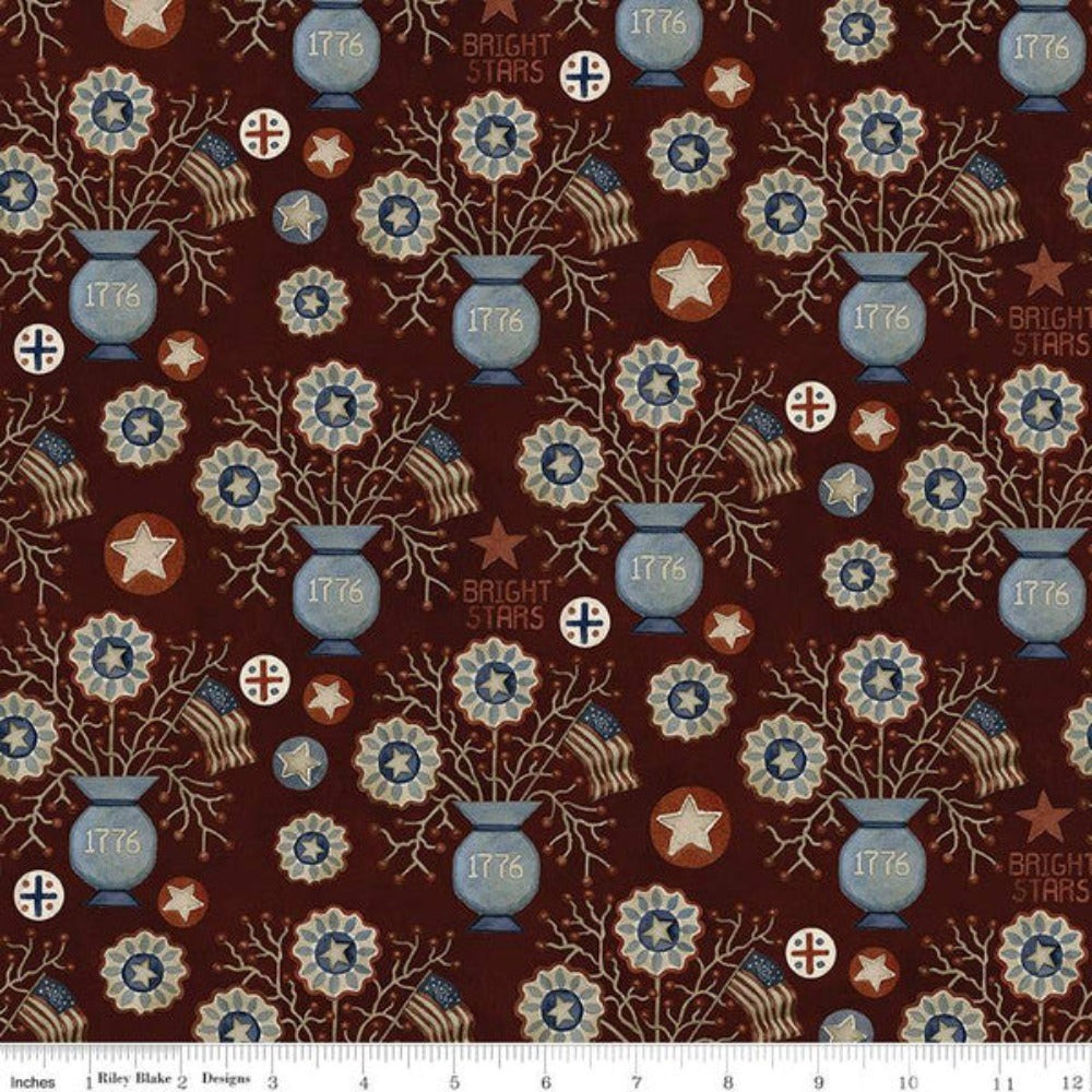 Curtain Valance – Bright Stars Vases Burgundy Patriotic Cotton