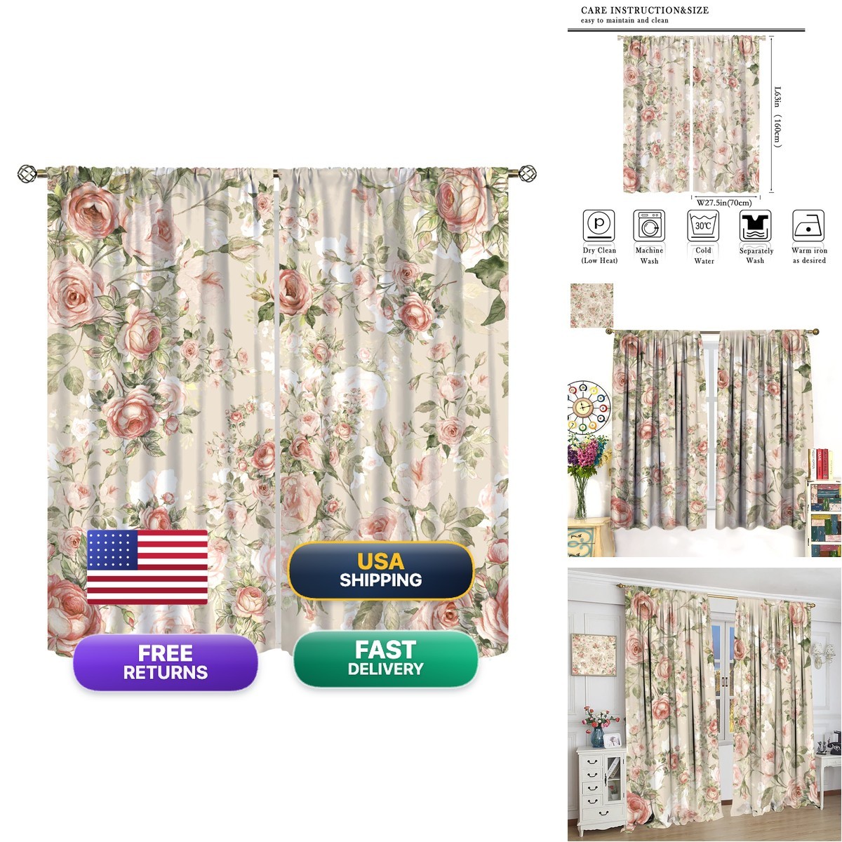 Auimzoo Lovely Rose Decorative Curtains Red And White Vintage Rose Floral