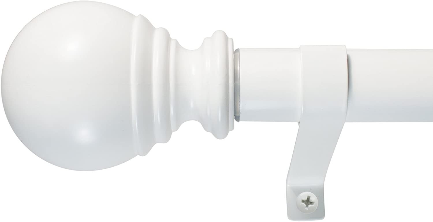 Decopolitan Ball Single Telescoping 1″ Drapery Rod Set, 36-72-Inches, White