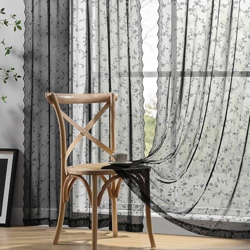 Sheer Lace Curtains 96 Inches Long, 52″W x 96″L (Pack of 2) Black-branch