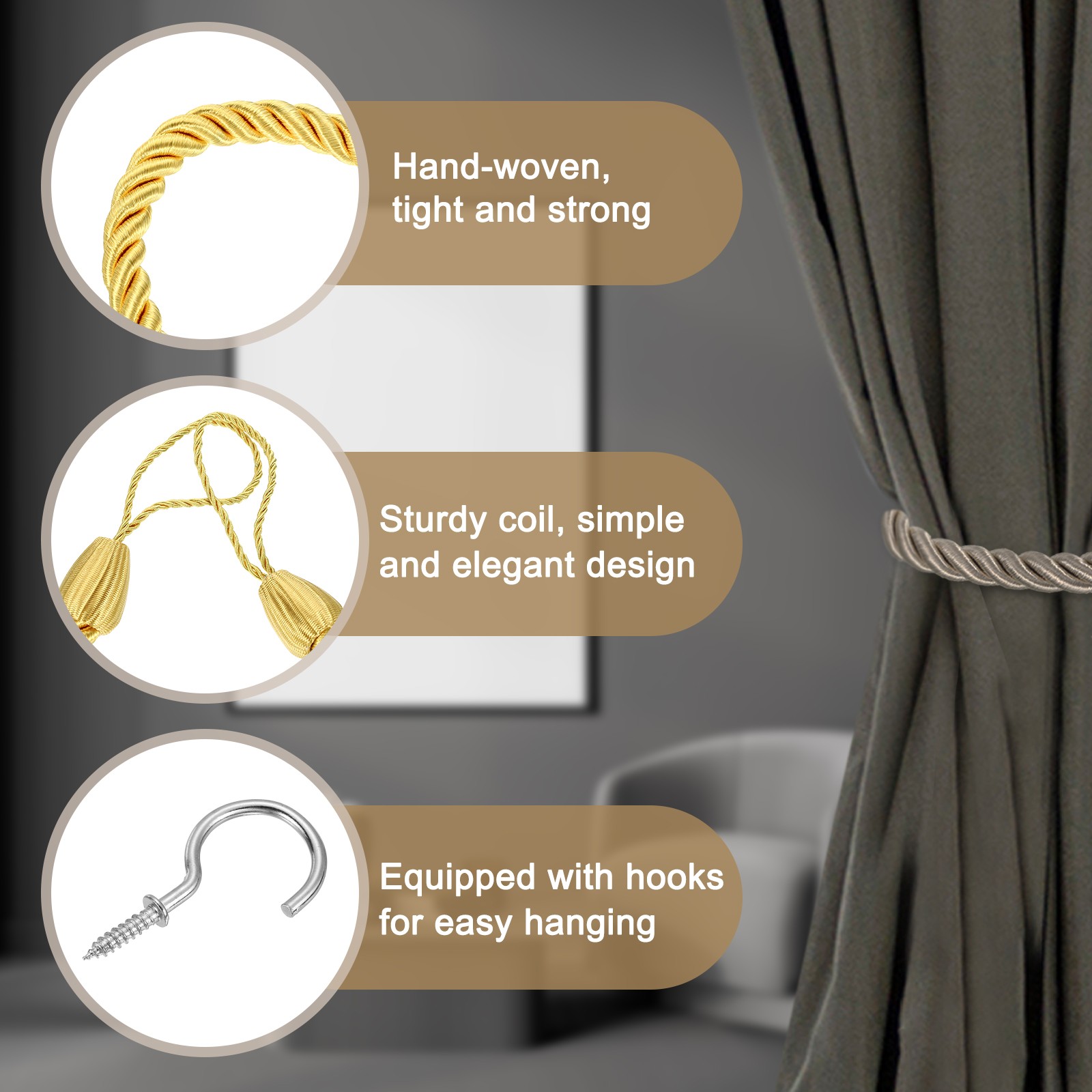 2 Pack Curtain Tiebacks 74cm/29″ Braided Drapery Holdback with Hook Gold