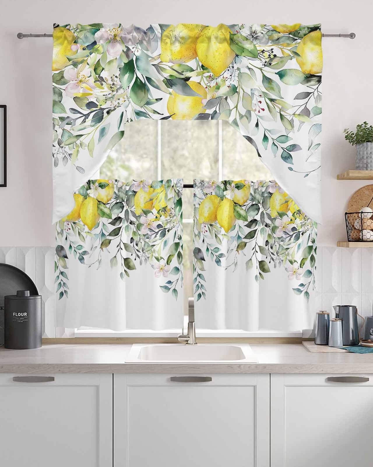 Kitchen Curtains Sets 24 Inch Length with Valance, Lemon Floral Nature Design…