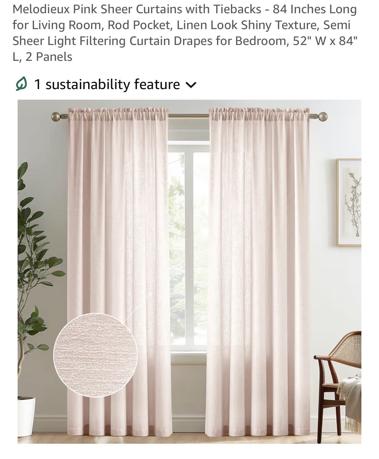 Melodieux Pink Sheer Linen Look Rod Pocket Panels 52×84 Set of 2 w/ Tiebacks