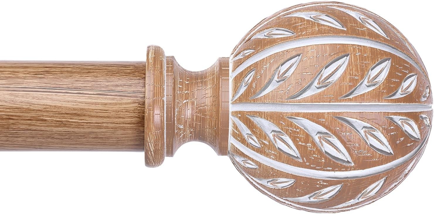 Wood Curtain Rod 36-91 Inch Boho Leaf Finials Rustic