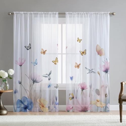 Flowers Sheer Curtains for Living Room 84 inch 54″W x 84″L (Pack of 2) Birdfly
