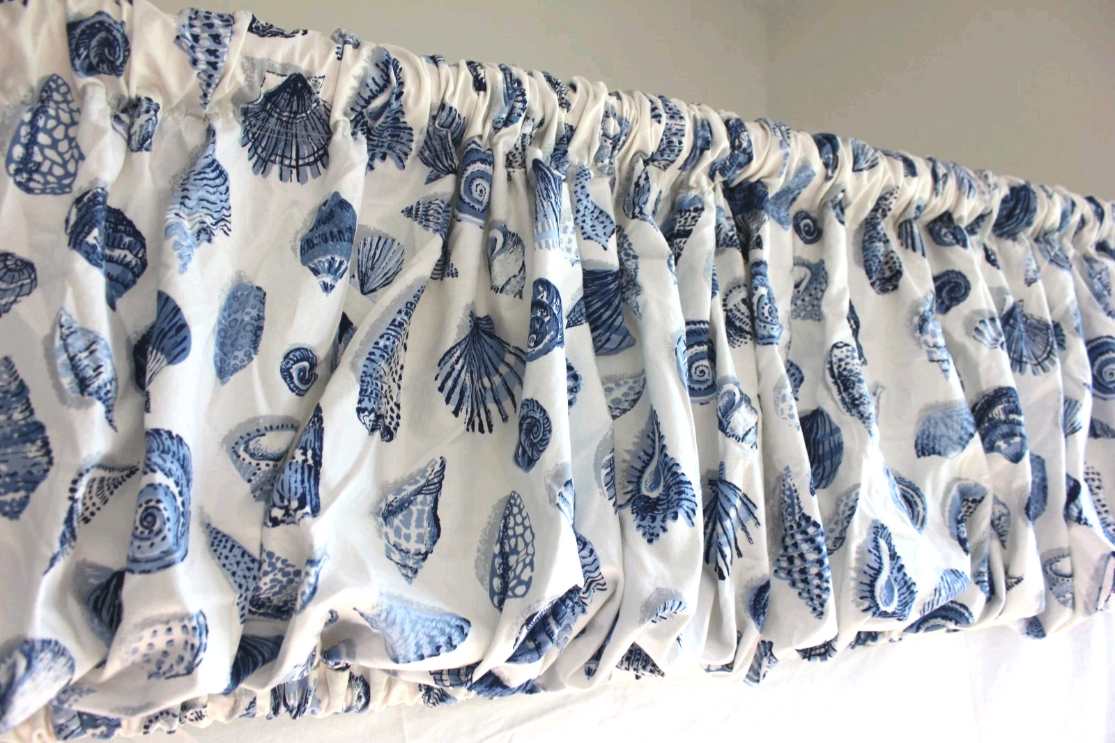 Custom Curtains Blue White Seashell Toile Vtg 3-Pc Drapery Set Beachcomber