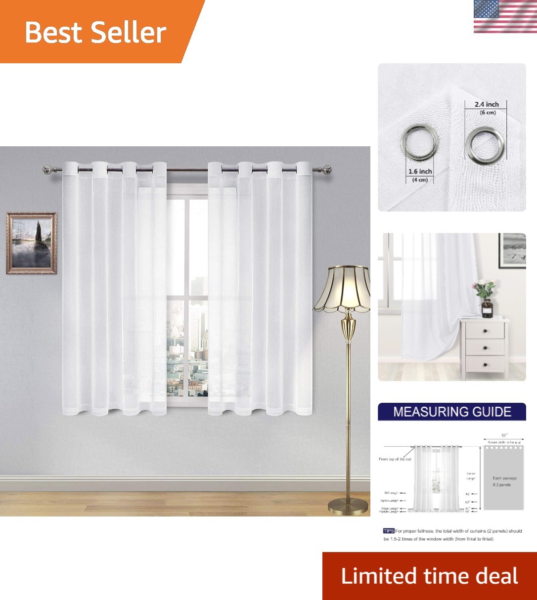 Lightweight Sheer Curtains – 52×54 Inch Grommet Panels in White for All Rooms