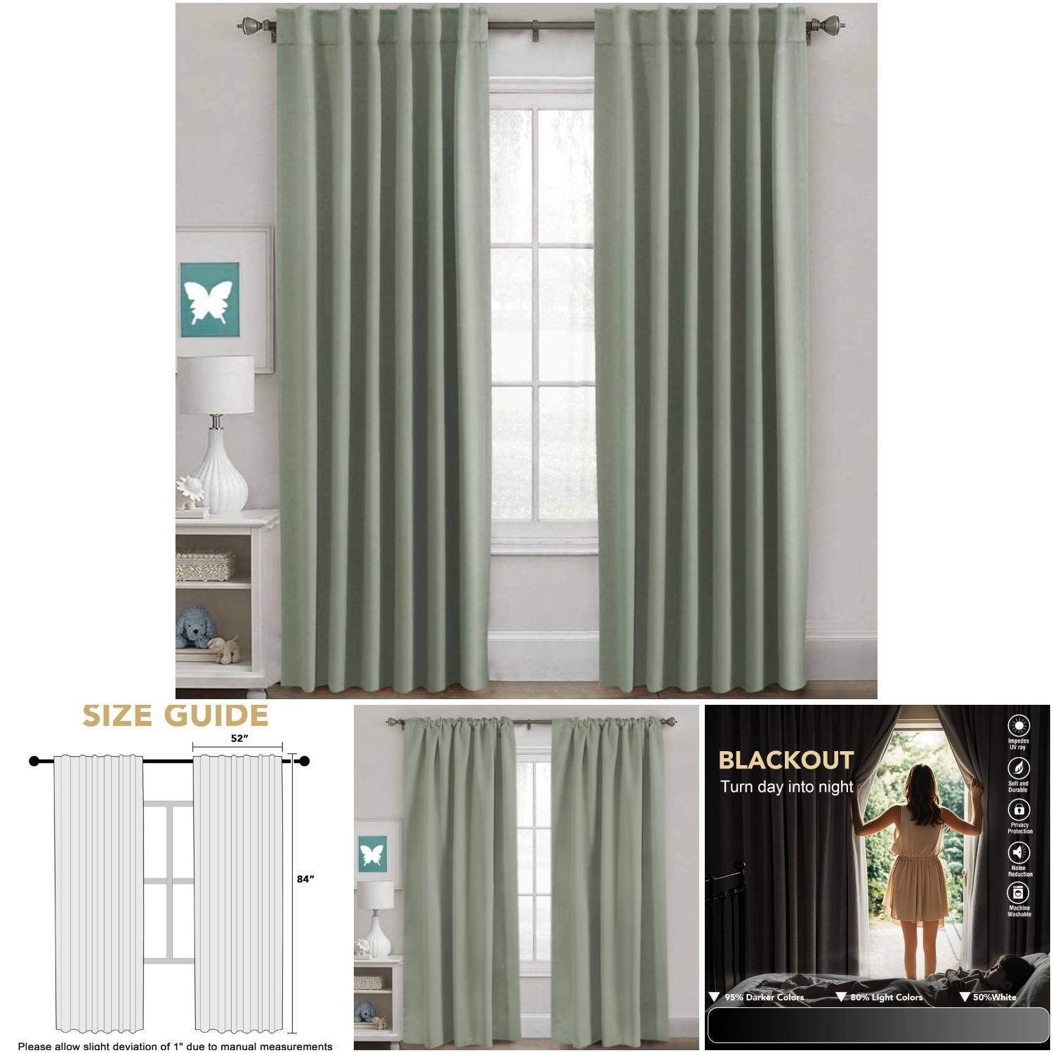 Blackout Curtains Thermal Insulated 52×84 Room Darkening Drapes Light Sage